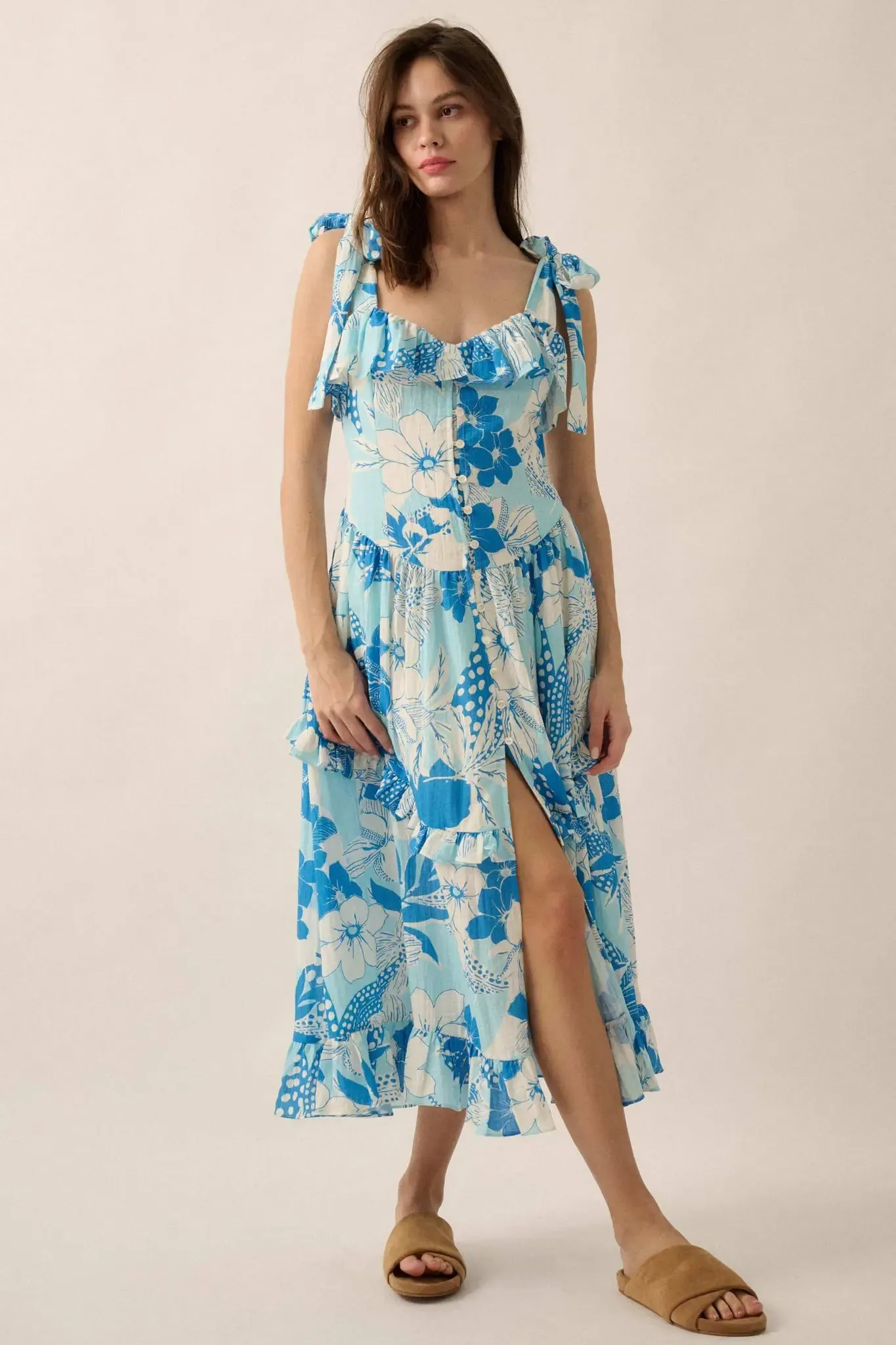 Hot Tropics Floral Button-Front Ruffle Midi Dress sold by Promesa