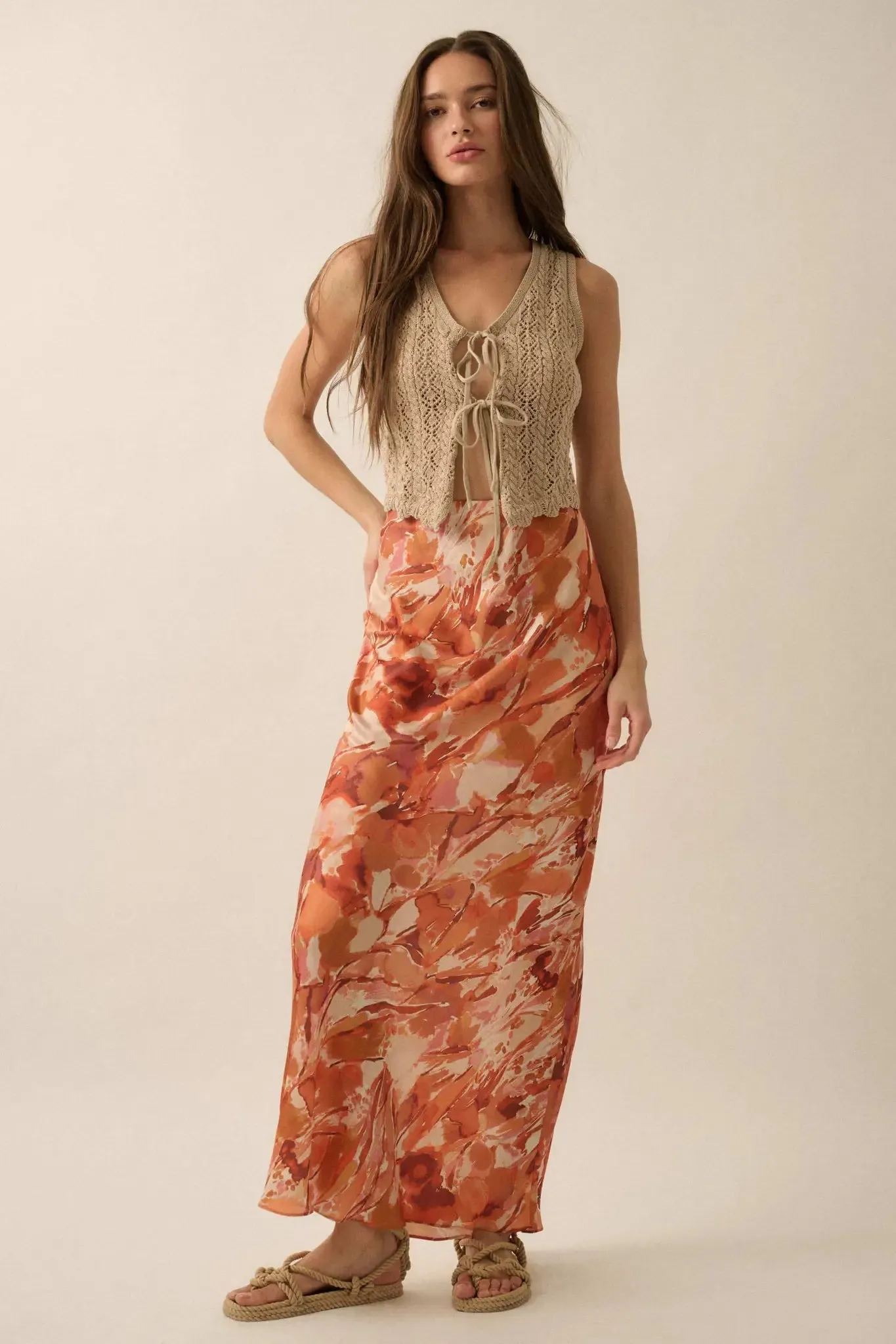 Dream Weaver Abstract-Print Satin Maxi Skirt sold by Promesa