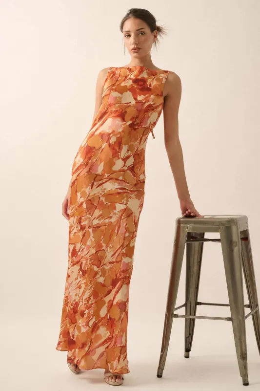 In Dreams Abstract-Print Satin Cowl-Back Maxi Dress sold by Promesa