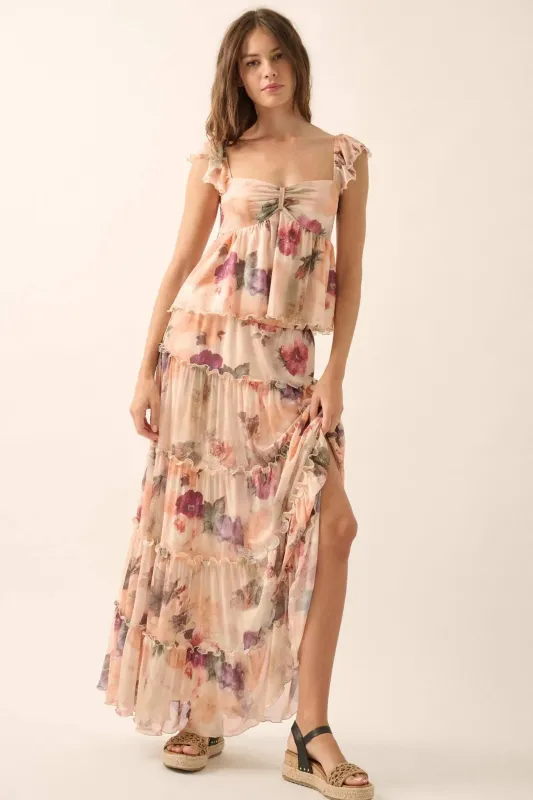 Bashful Blush Floral Mesh Tiered Ruffle Maxi Skirt sold by Promesa