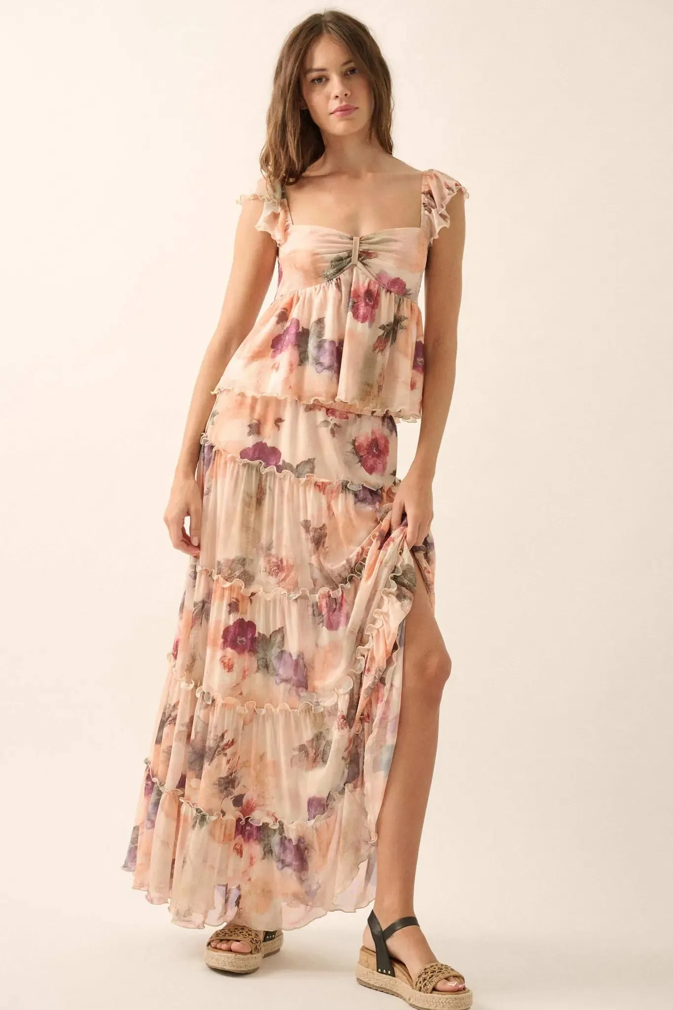 Bashful Blush Floral Mesh Tiered Ruffle Maxi Skirt sold by Promesa