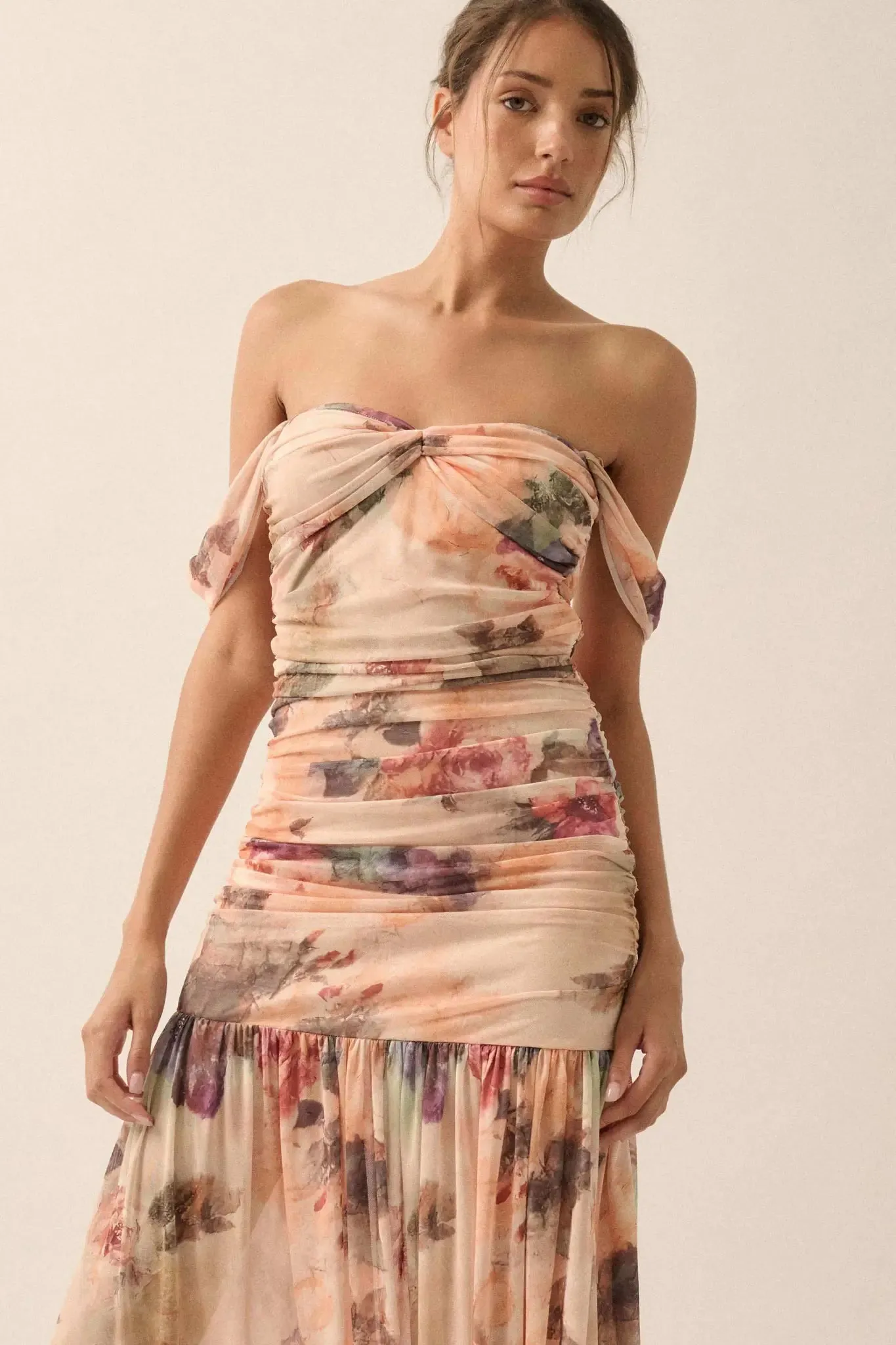 Blushing Blooms Floral Mesh Off-Shoulder Maxi Dress sold by Promesa product image thumbnail 3