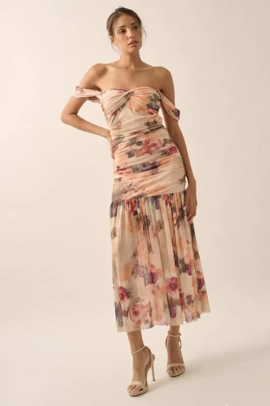 Blushing Blooms Floral Mesh Off-Shoulder Maxi Dress sold by Promesa