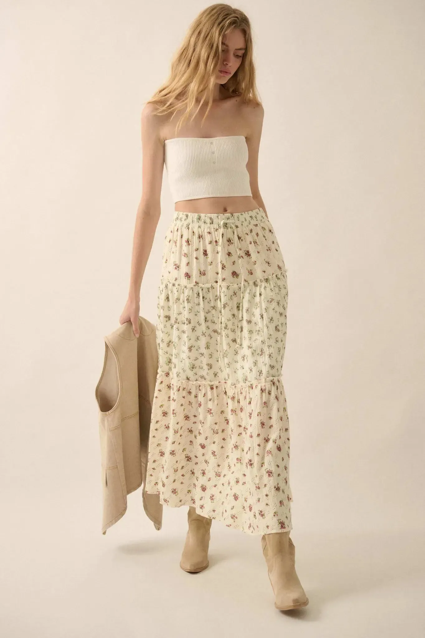 Sunny Meadow Floral Gauze Tiered Ruffle Maxi Skirt sold by Promesa product image thumbnail 3