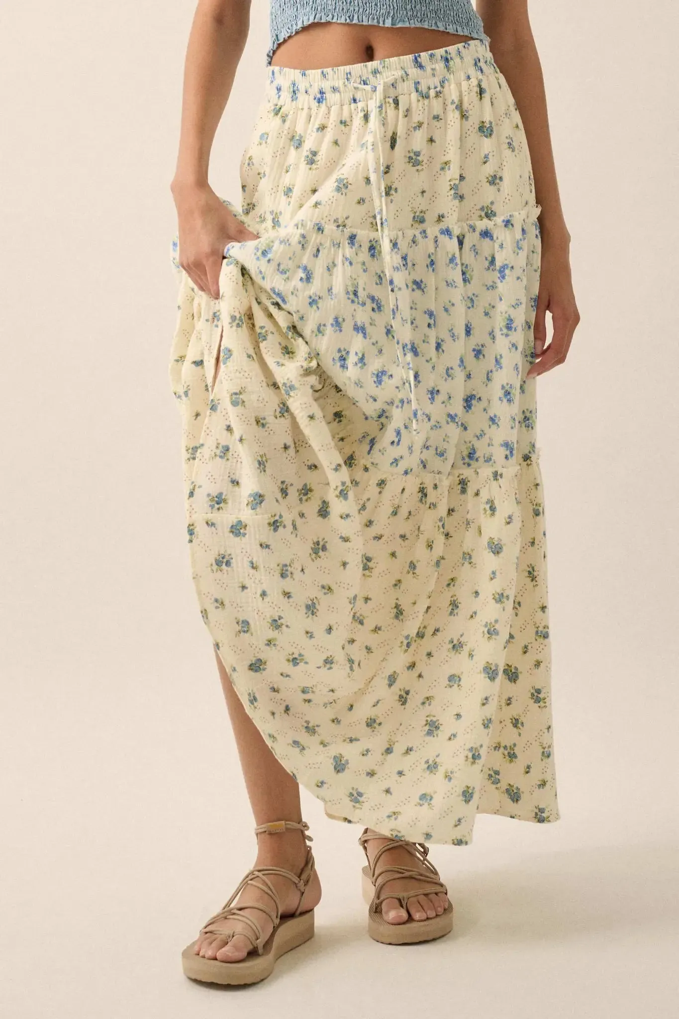 Sunny Meadow Floral Gauze Tiered Ruffle Maxi Skirt sold by Promesa product image thumbnail 5
