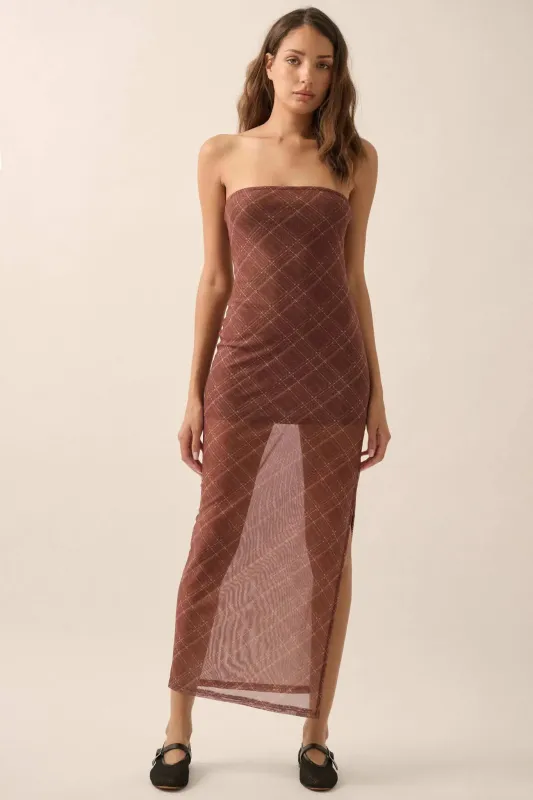 Plaid Vibes Strapless Plaid Mesh Maxi Dress sold by Promesa