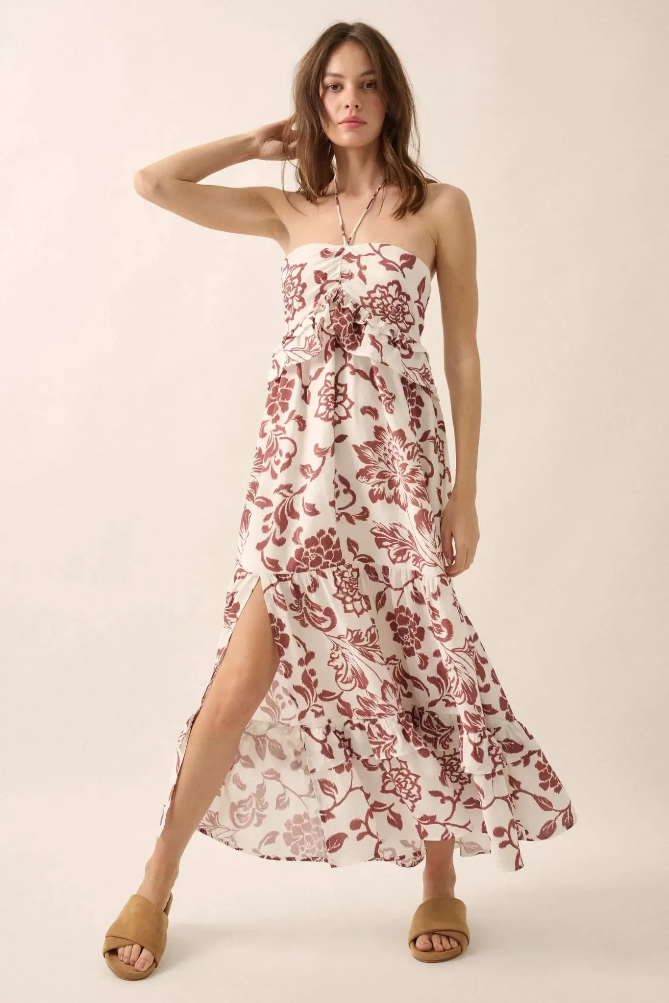 Way to Grow Floral Ruffled Halter Maxi Dress sold by Promesa