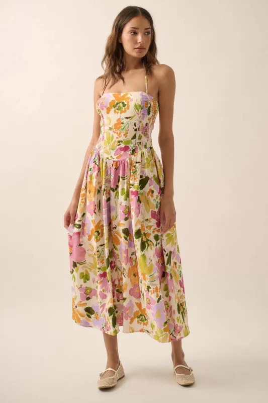 Dawn Dreams Smocked Floral Halter Midi Dress sold by Promesa