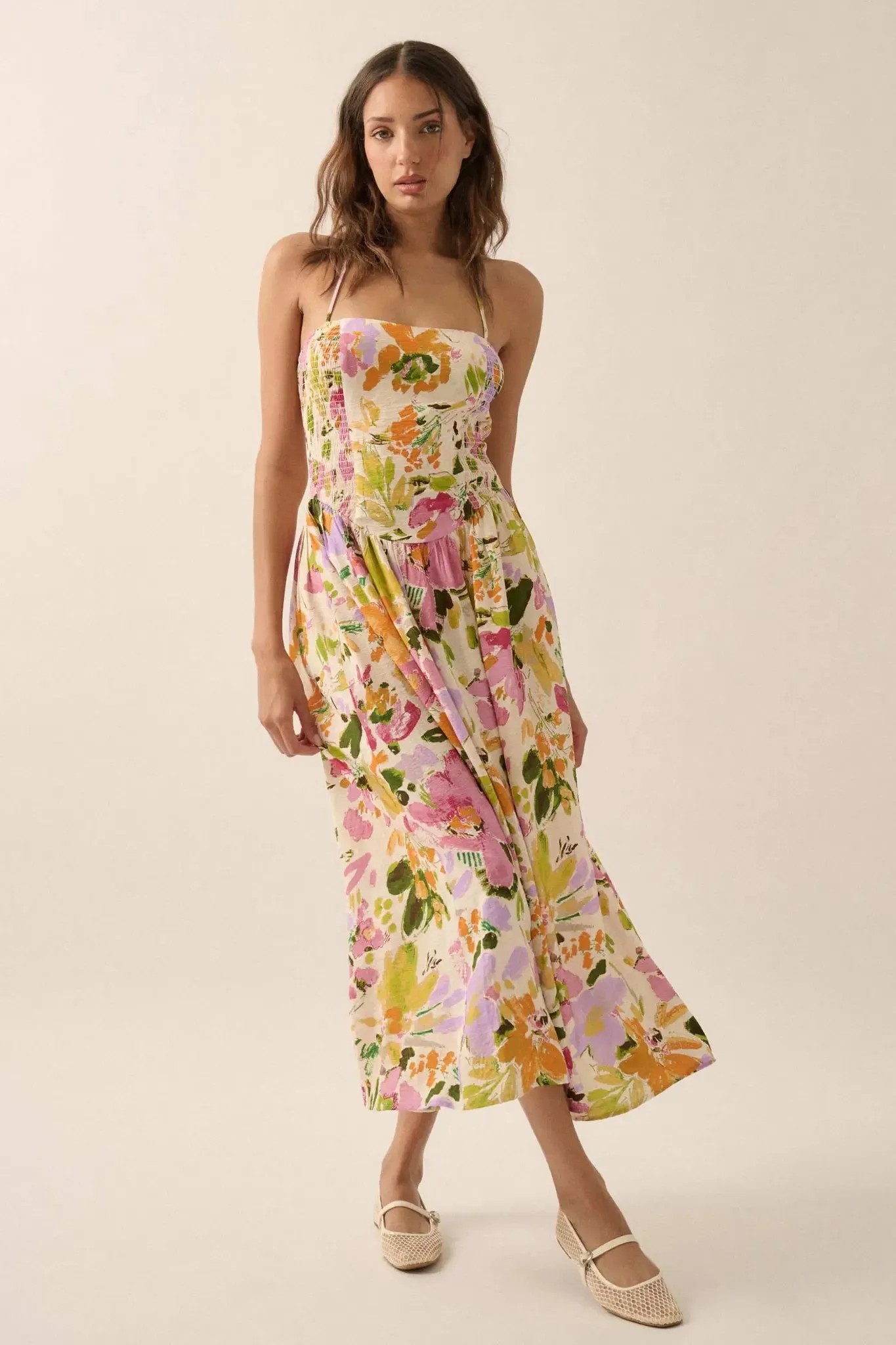 Dawn Dreams Smocked Floral Halter Midi Dress sold by Promesa product image thumbnail 3