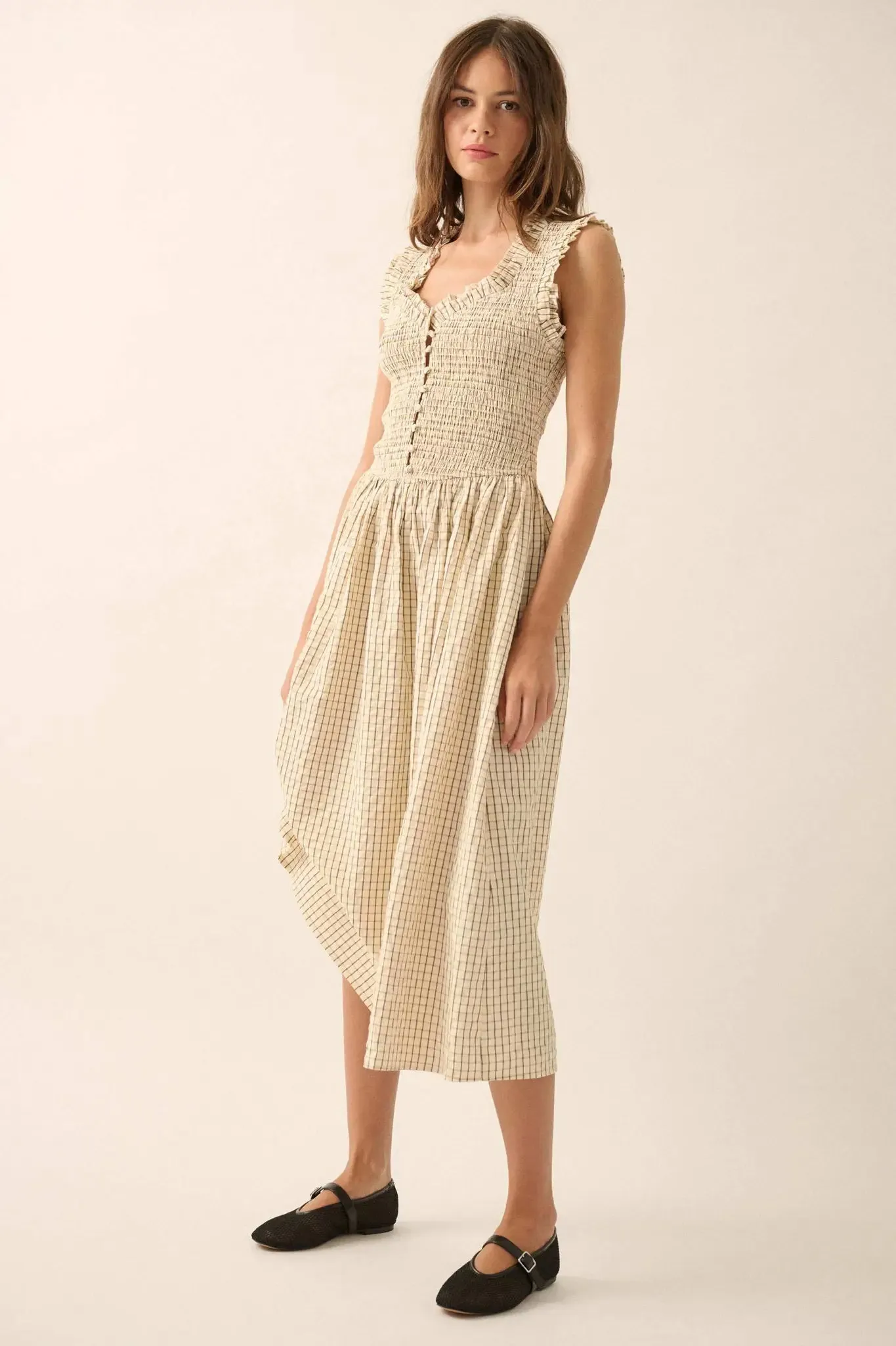 Pretty Please Smocked Paid Buttoned Midi Dress sold by Promesa product image thumbnail 4