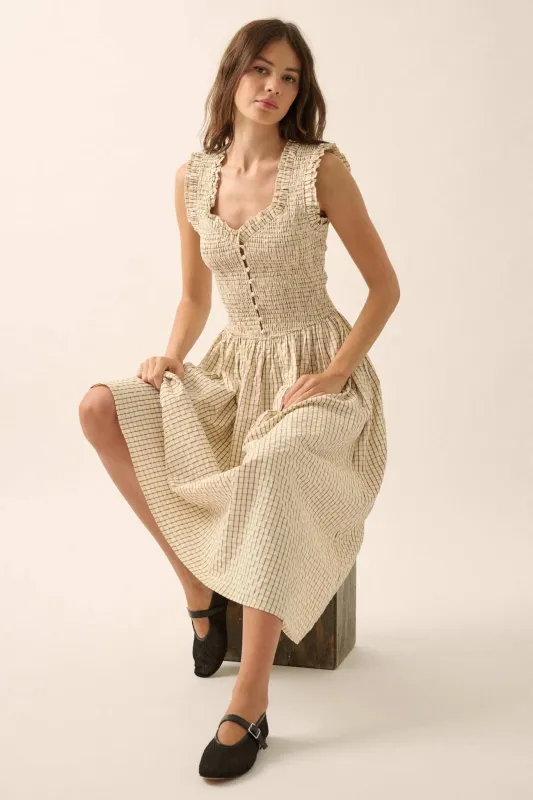 Pretty Please Smocked Paid Buttoned Midi Dress sold by Promesa