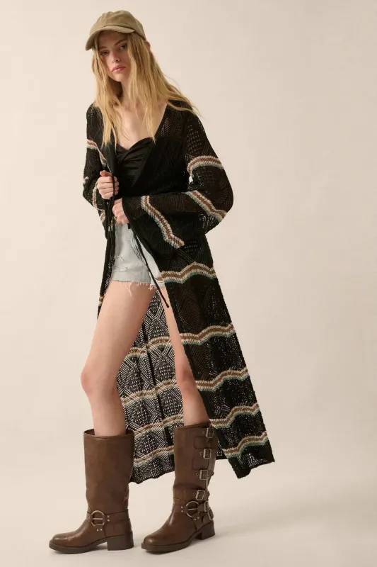 Diamond Drift Striped Crochet Duster Cardigan sold by Promesa