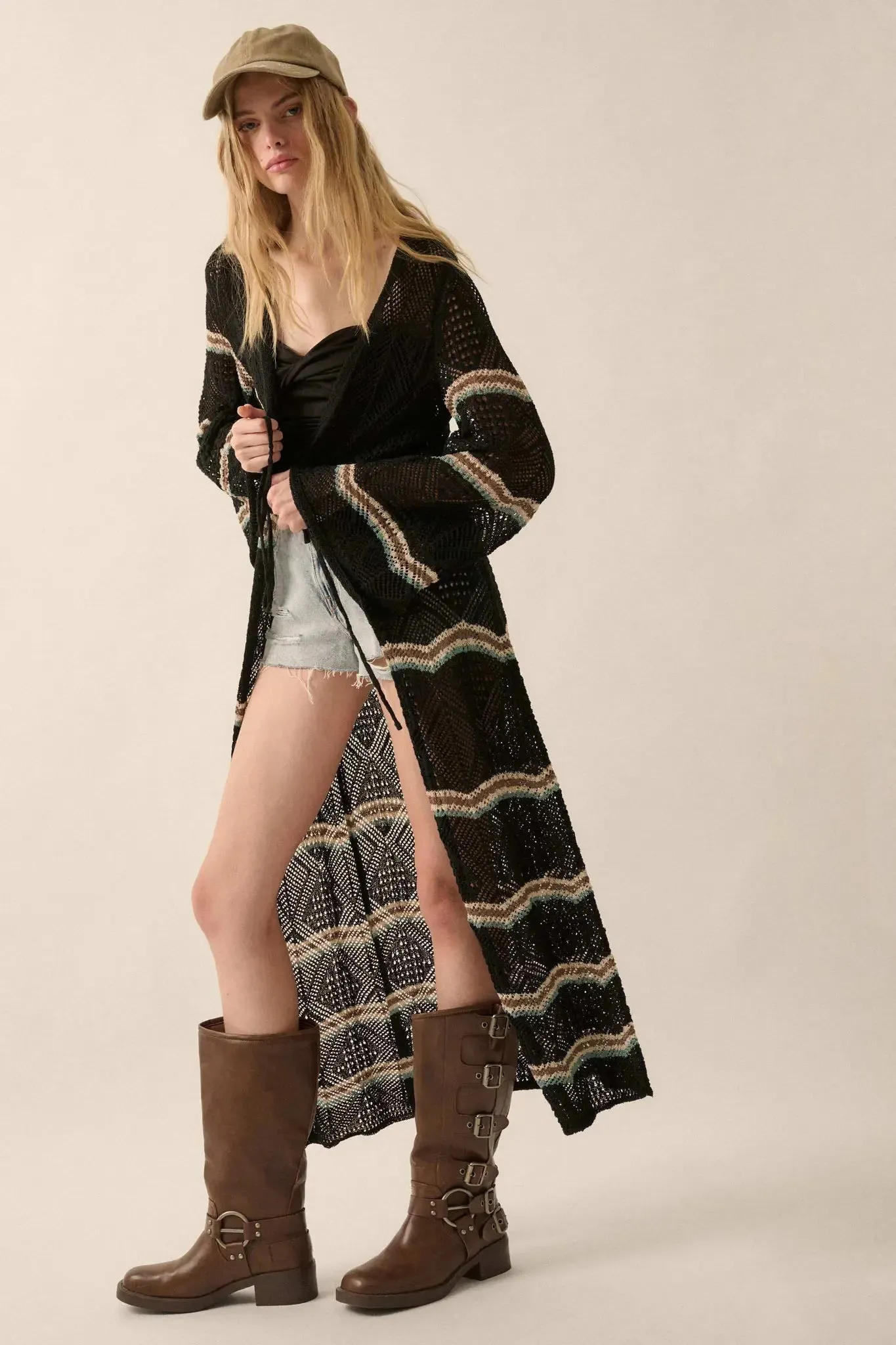 Diamond Drift Striped Crochet Duster Cardigan sold by Promesa