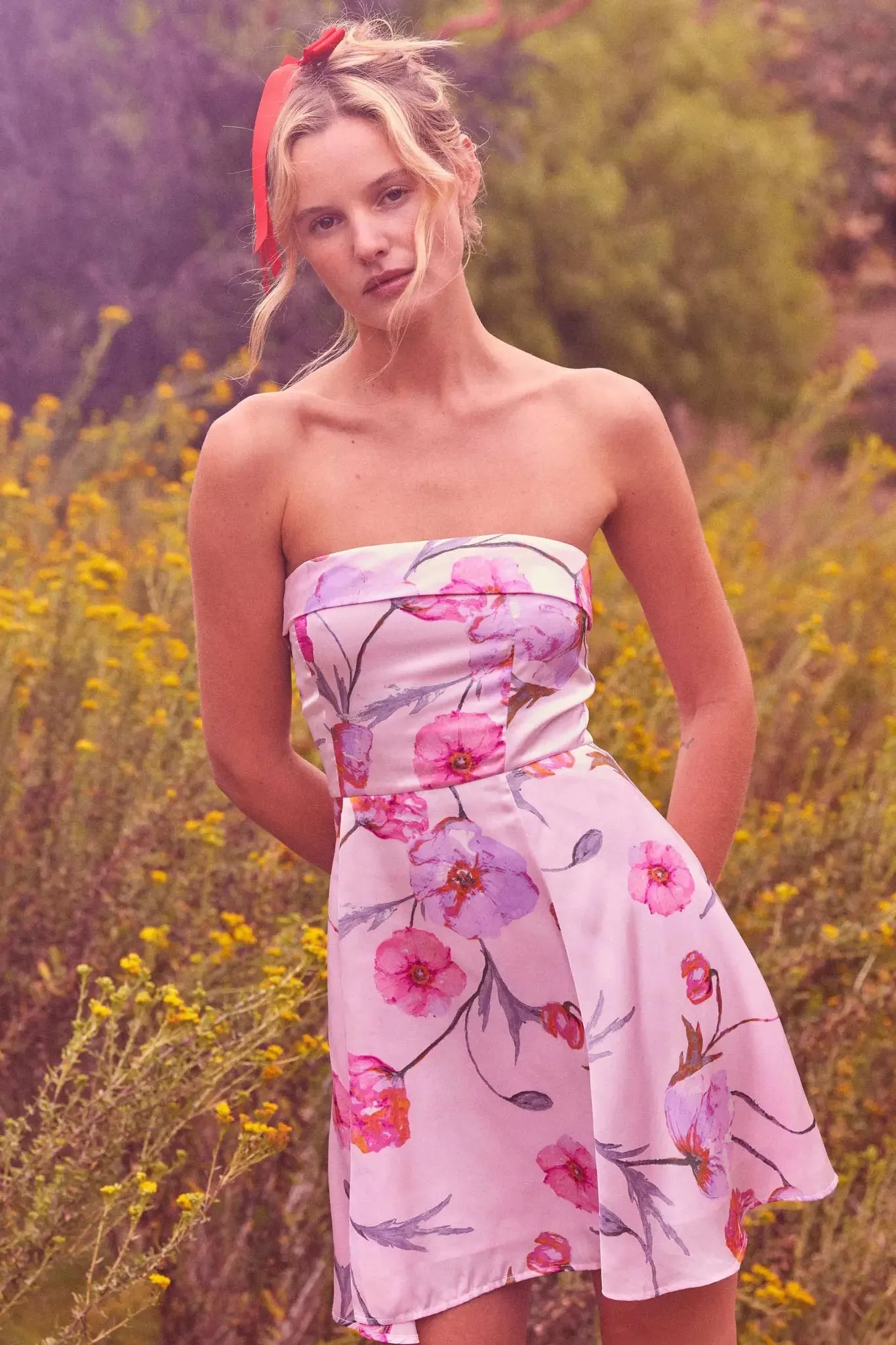 Spring Fever Floral Satin Strapless Mini Dress sold by Promesa