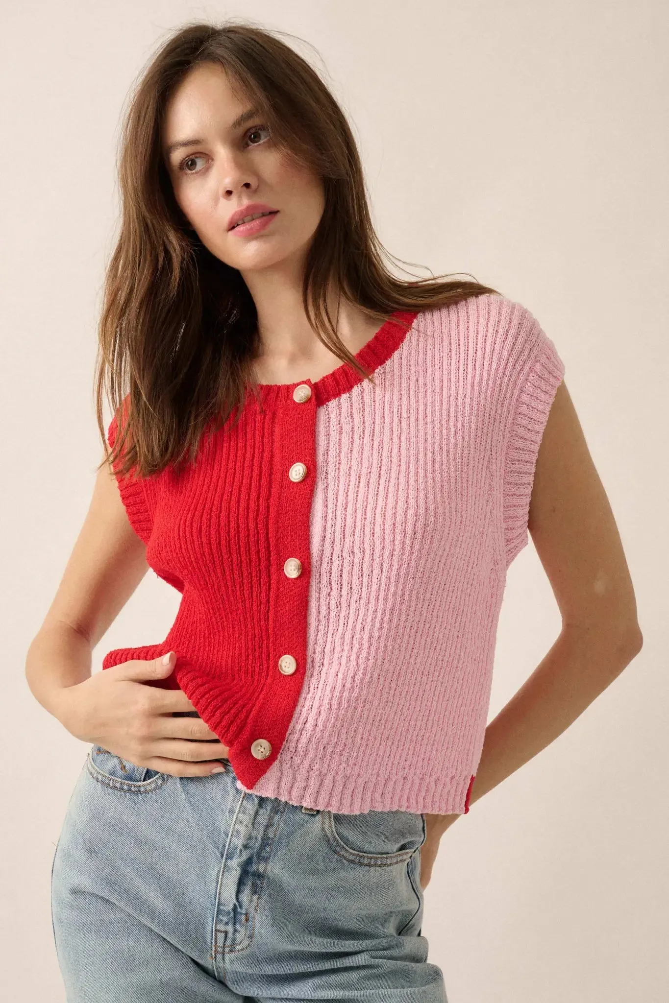 Double Date Colorblock Knit Buttoned Sweater Vest sold by Promesa product image thumbnail 4
