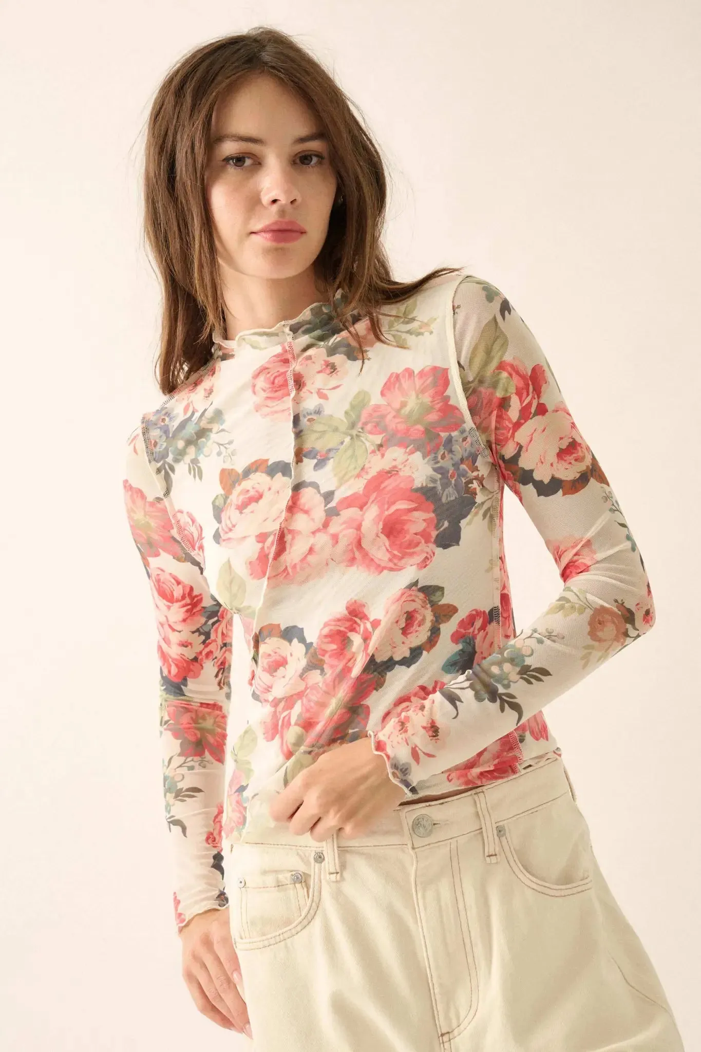 Blooming Heart Floral Mesh Exposed-Seam Top sold by Promesa product image thumbnail 4