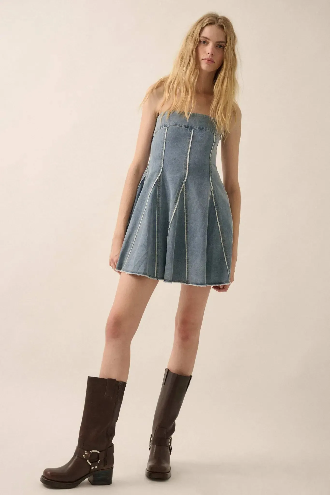Indigo Skies Denim Strapless Godet Mini Dress sold by Promesa product image thumbnail 3