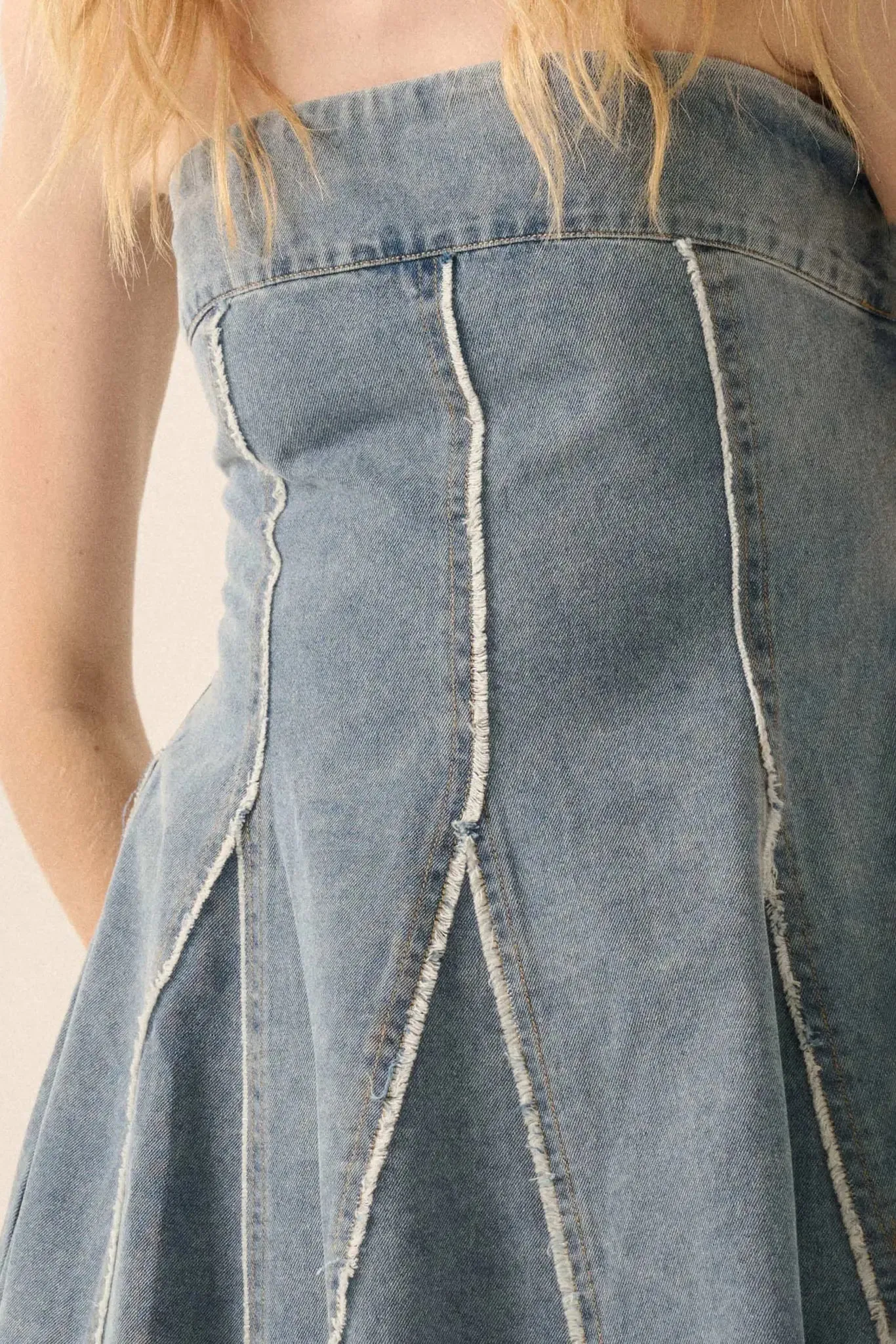 Indigo Skies Denim Strapless Godet Mini Dress sold by Promesa product image thumbnail 4