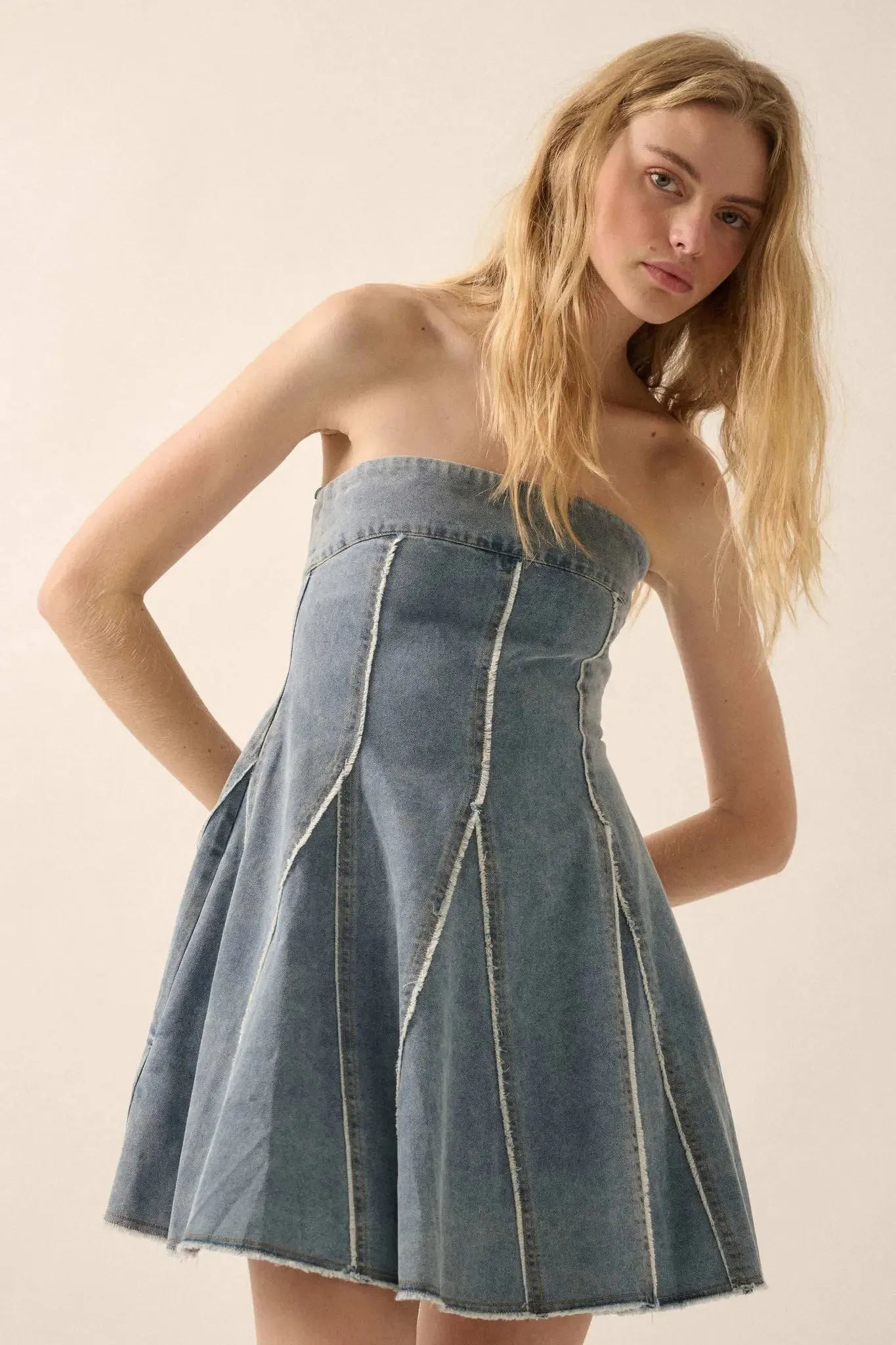 Indigo Skies Denim Strapless Godet Mini Dress sold by Promesa product image thumbnail 5