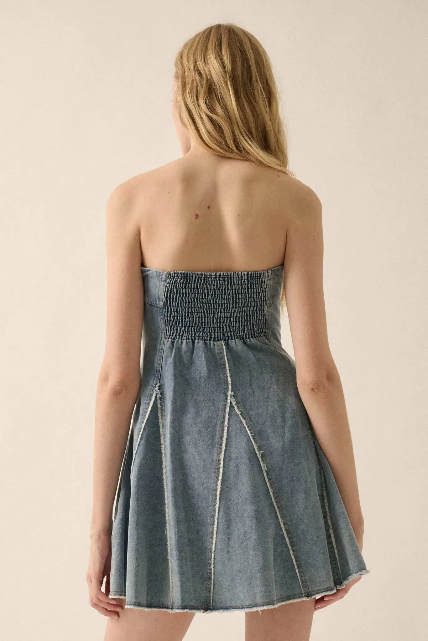 Indigo Skies Denim Strapless Godet Mini Dress sold by Promesa product image thumbnail 2