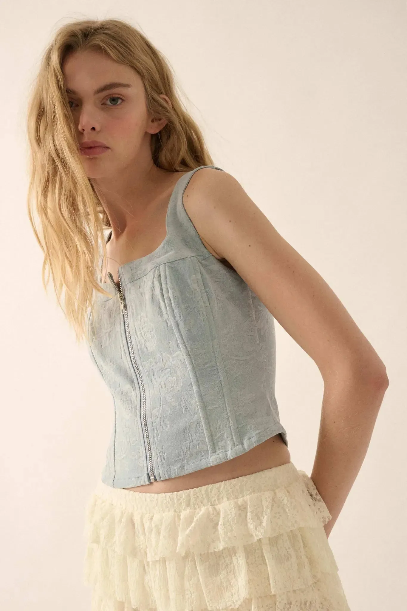 Burst of Blue Floral Jacquard Denim Corset Top sold by Promesa product image thumbnail 5