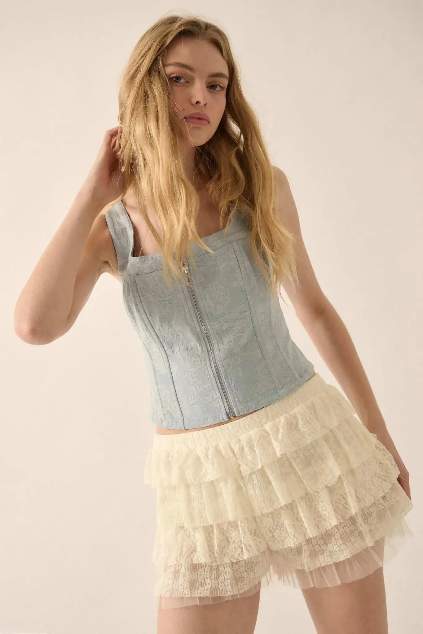 Burst of Blue Floral Jacquard Denim Corset Top sold by Promesa product image thumbnail 3