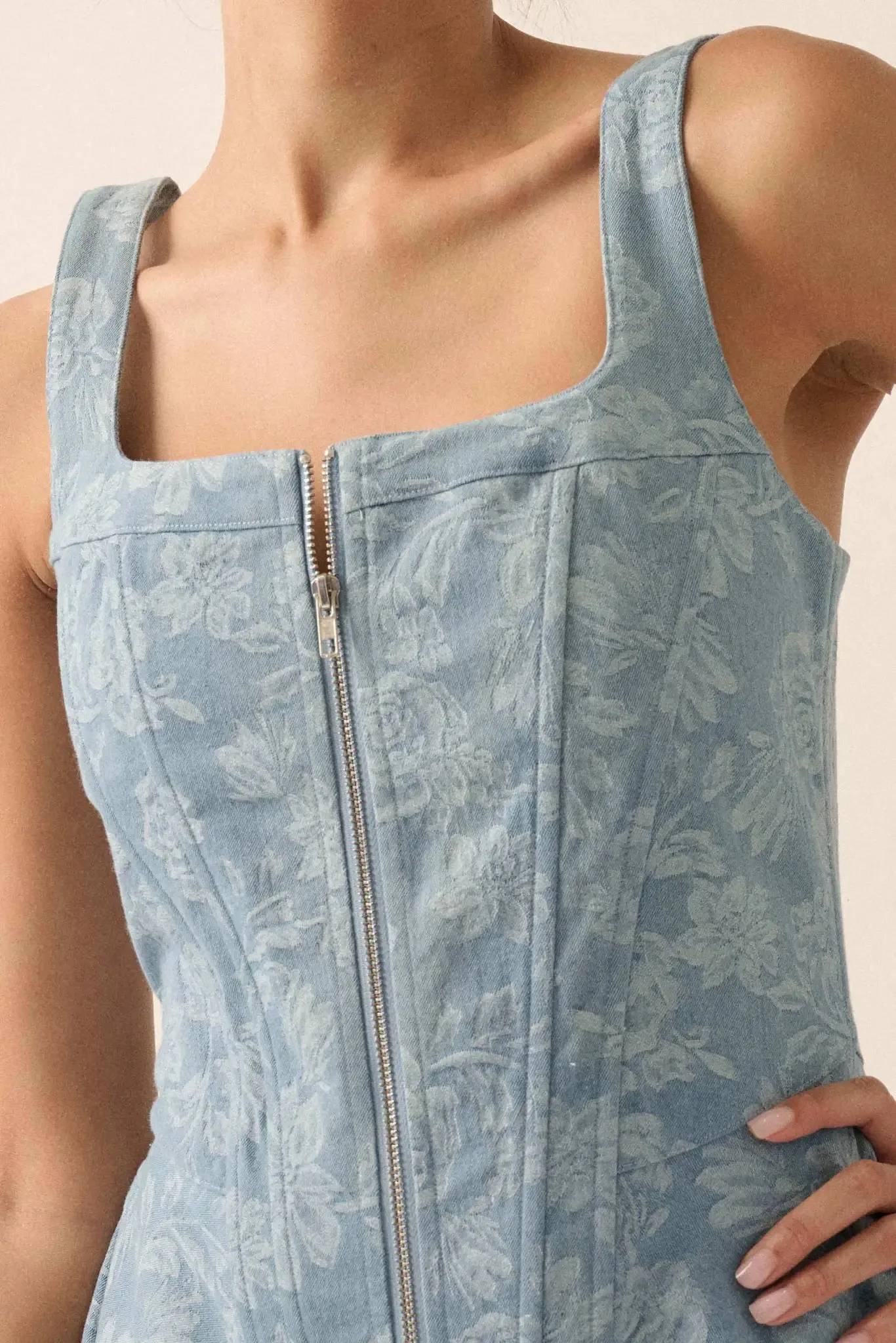 Blue Beauty Floral Jacquard Denim Mini Dress sold by Promesa product image thumbnail 4