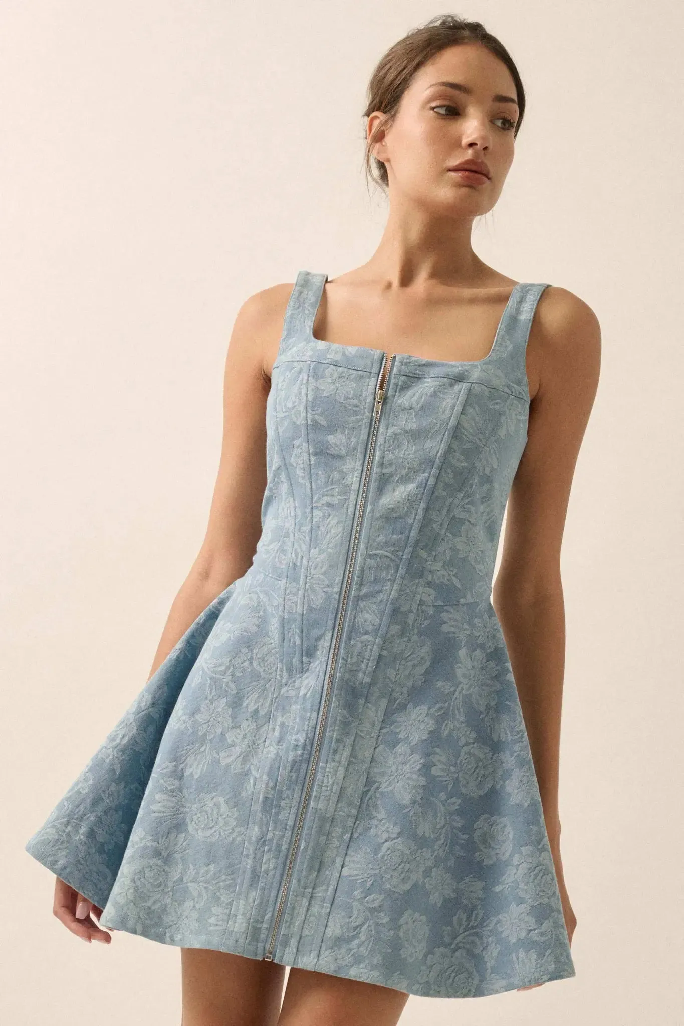 Blue Beauty Floral Jacquard Denim Mini Dress sold by Promesa