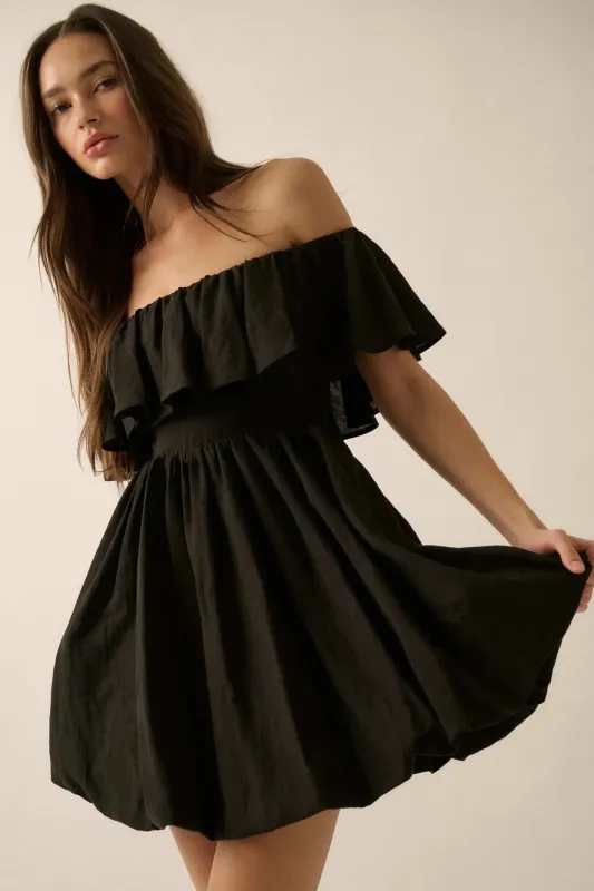 Natural Wonder Off-Shoulder Flounce Mini Dress sold by Promesa