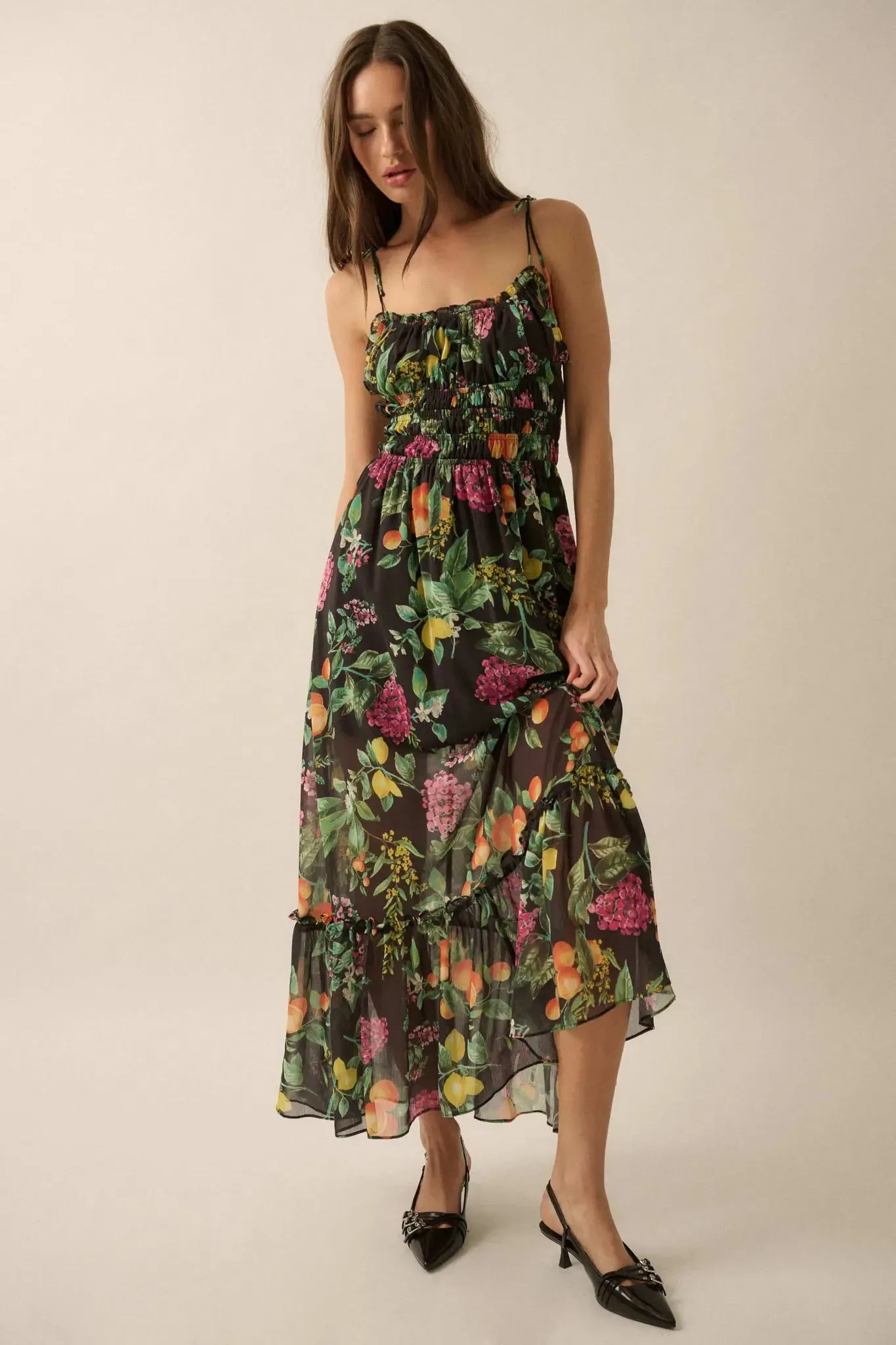 Luscious Life Fruit-Print Gathered Maxi Dress sold by Promesa