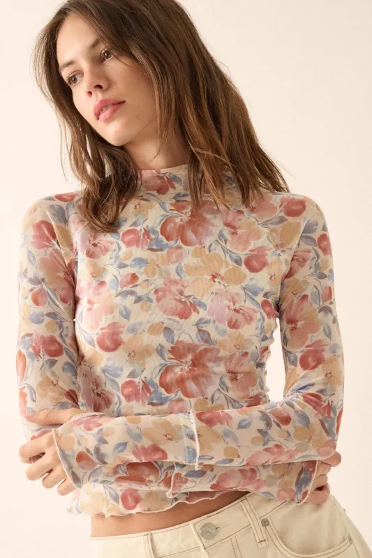 Bouquet All Day Floral Mesh Thumbhole Top sold by Promesa