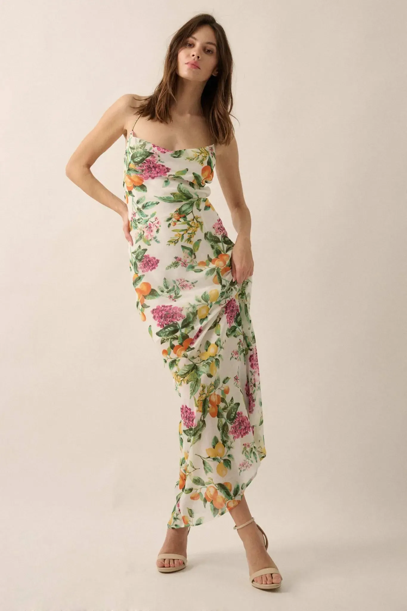 Sweet Succulence Fruit-Print Open-Back Maxi Dress sold by Promesa