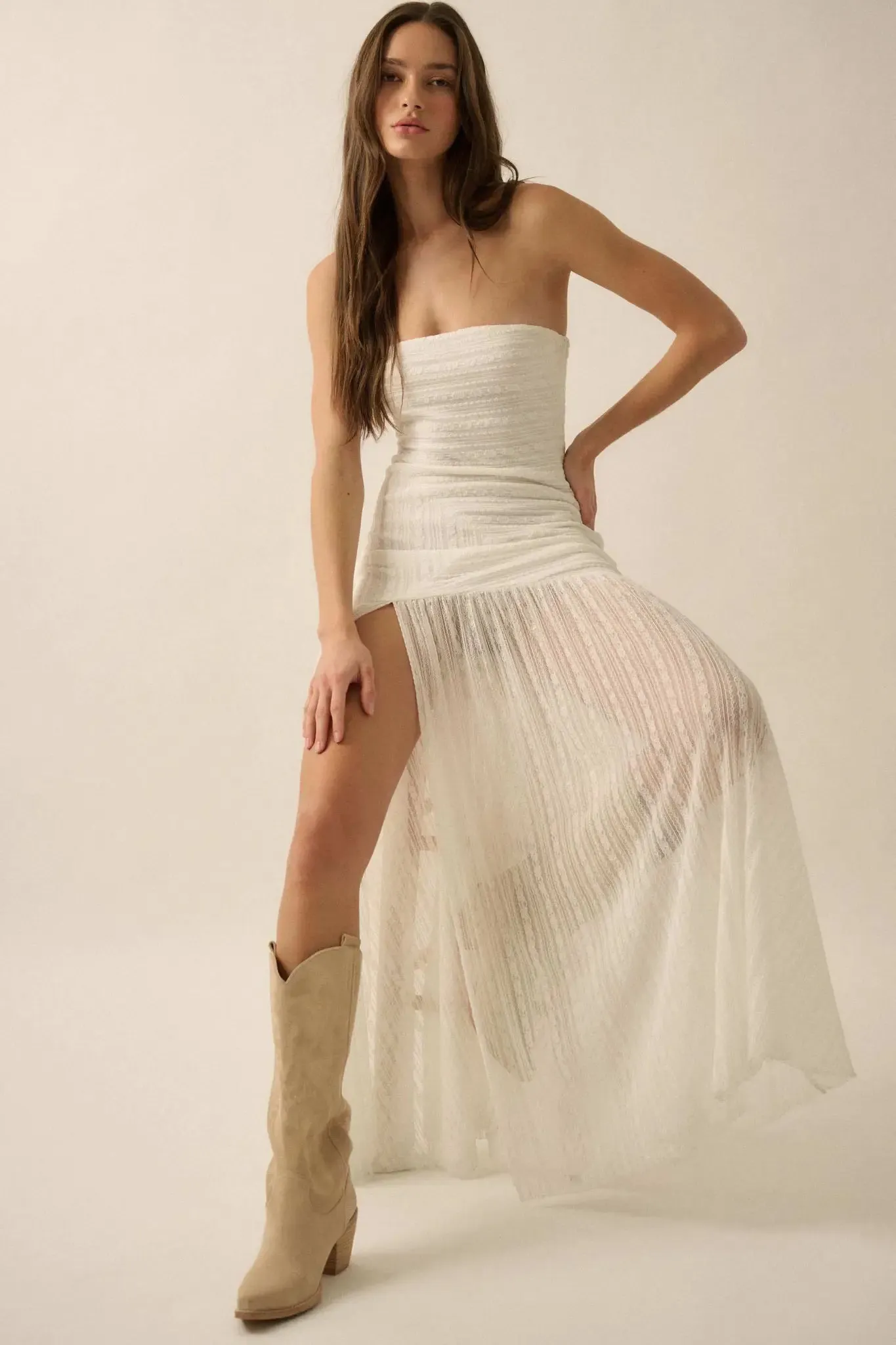 Belle Nuit Striped Lace Strapless Maxi Dress sold by Promesa