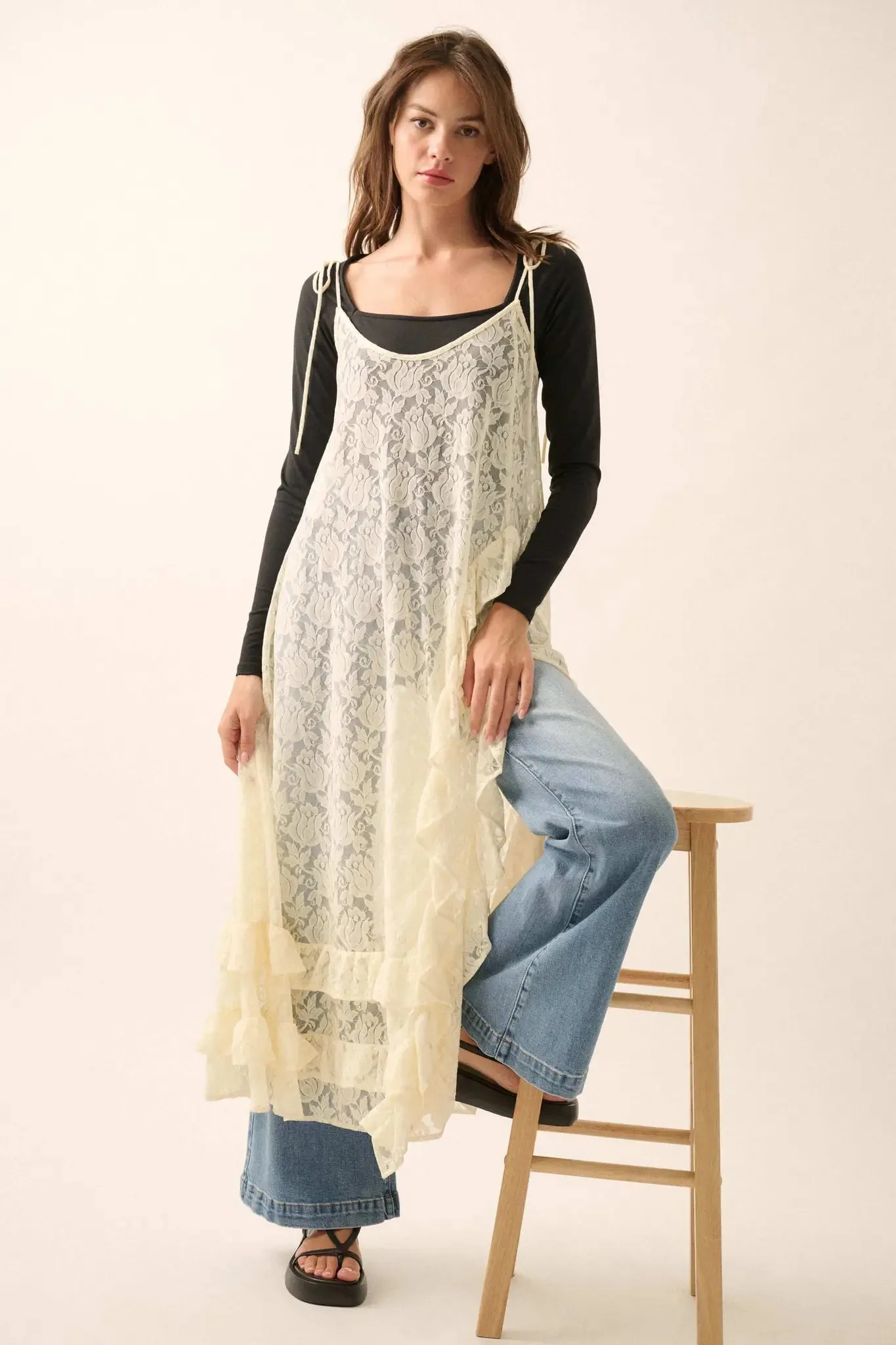 Dream of You Sheer Ruffled Floral Lace Midi Dress sold by Promesa product image thumbnail 4