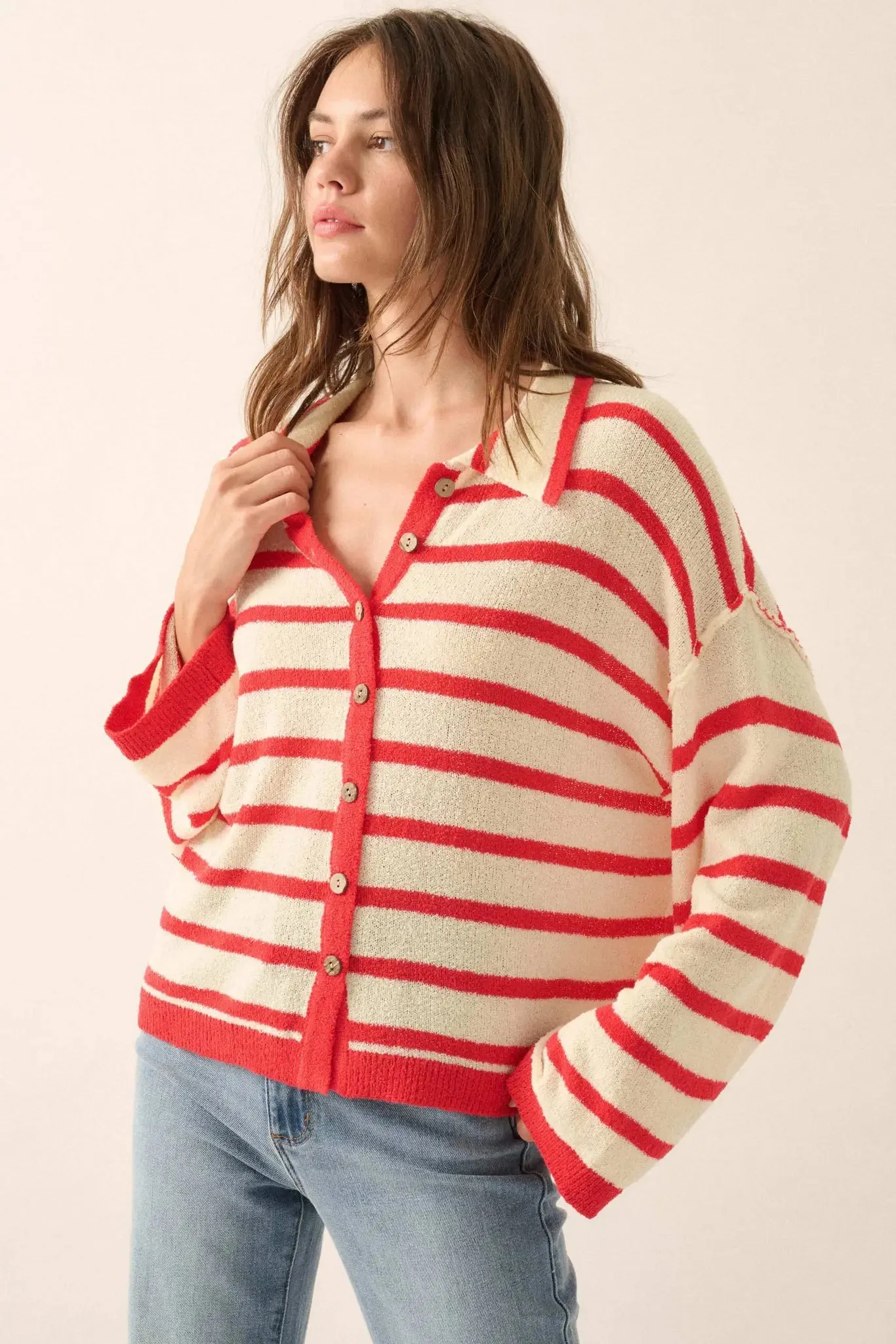 Between the Lines Striped Knit Collared Cardigan sold by Promesa product image thumbnail 4