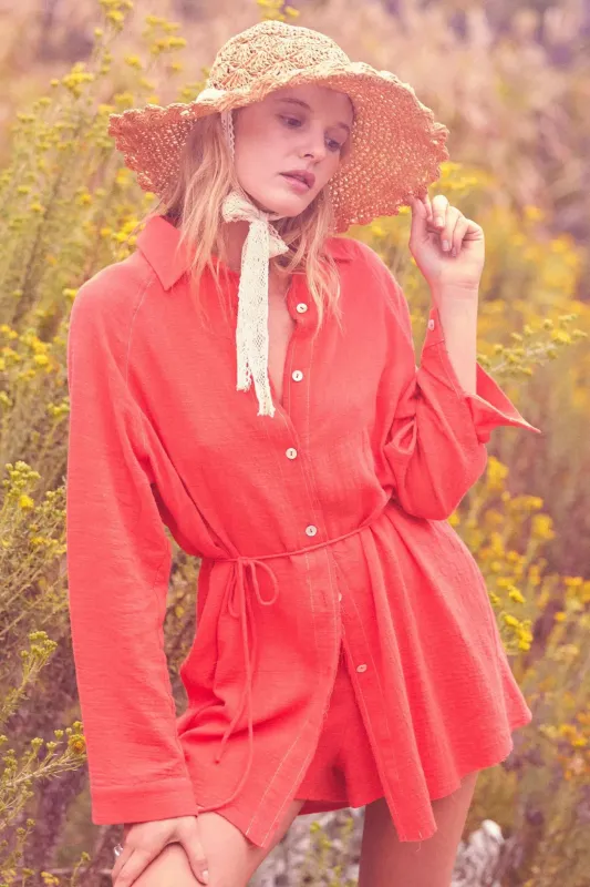 Life Story Textured Cotton Belted Shirt Romper sold by Promesa