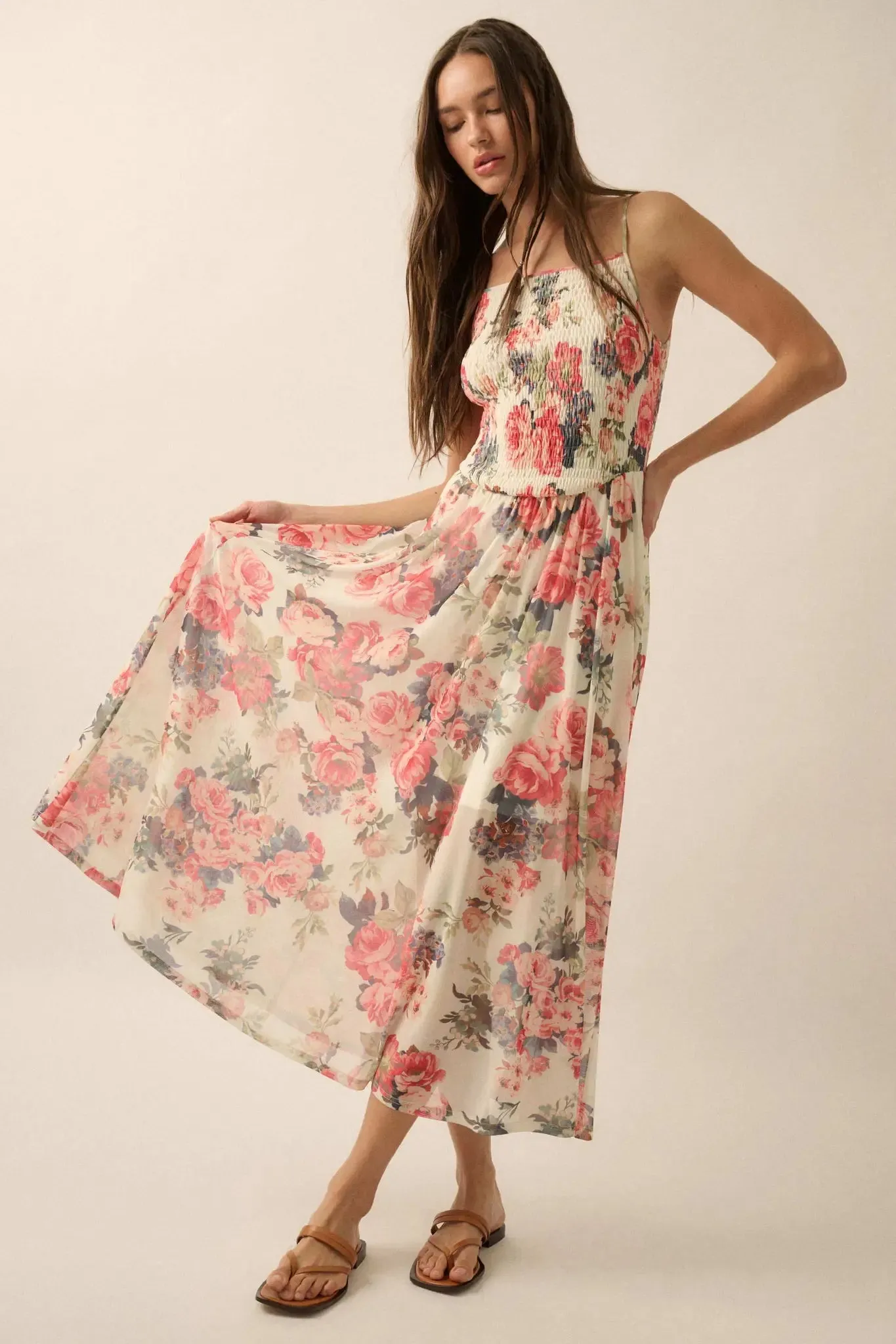 Blooming Valley Floral Mesh Smocked Maxi Dress sold by Promesa product image thumbnail 4