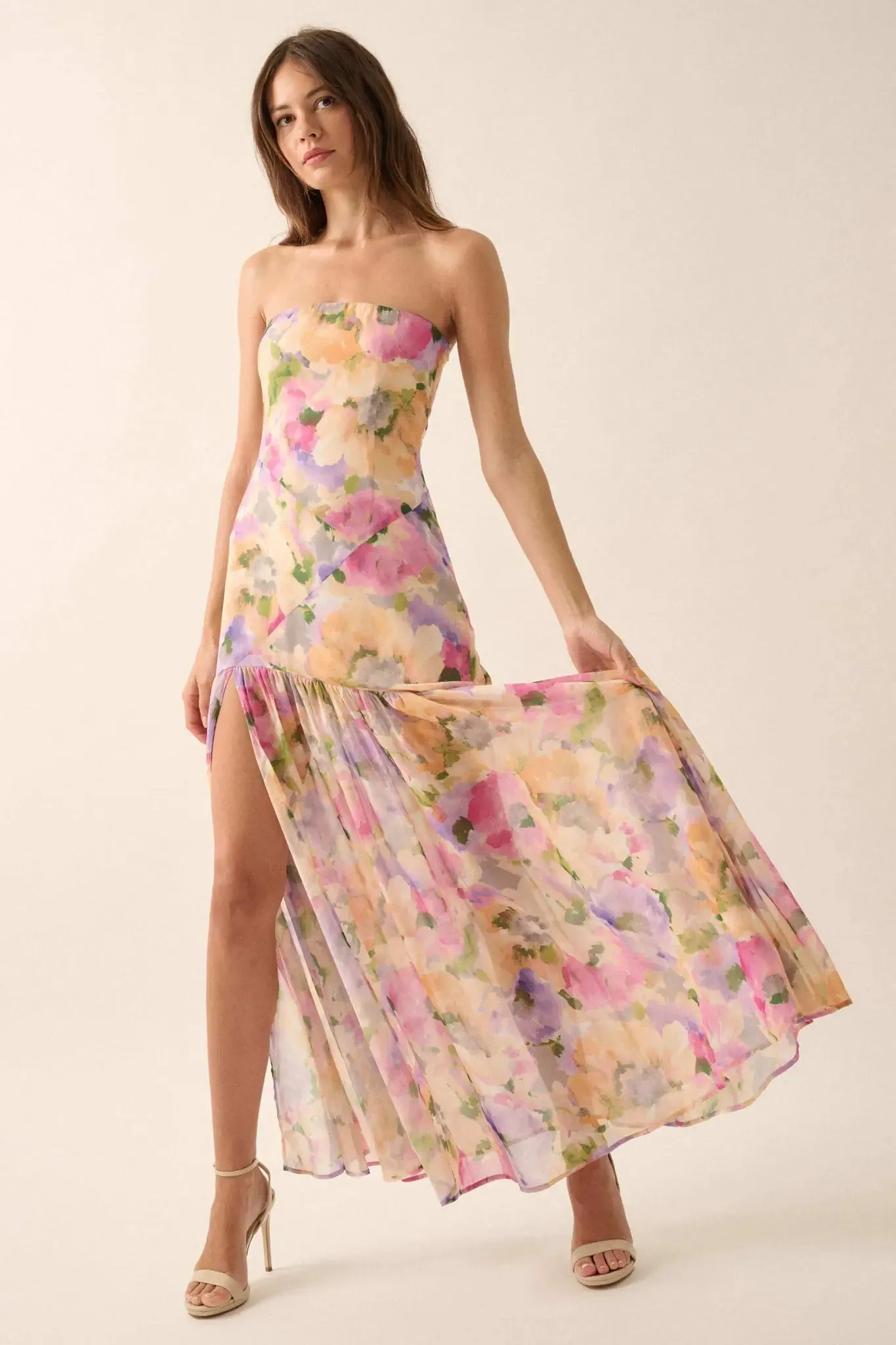 Garden Glow Floral Chiffon Strapless Maxi Dress sold by Promesa product image thumbnail 4