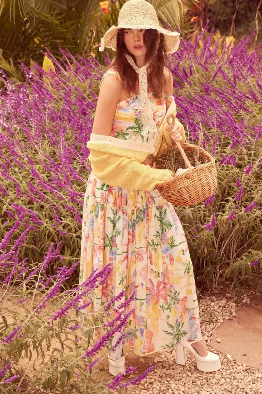 Paradise Found Tropical-Print Smocked Maxi Skirt sold by Promesa