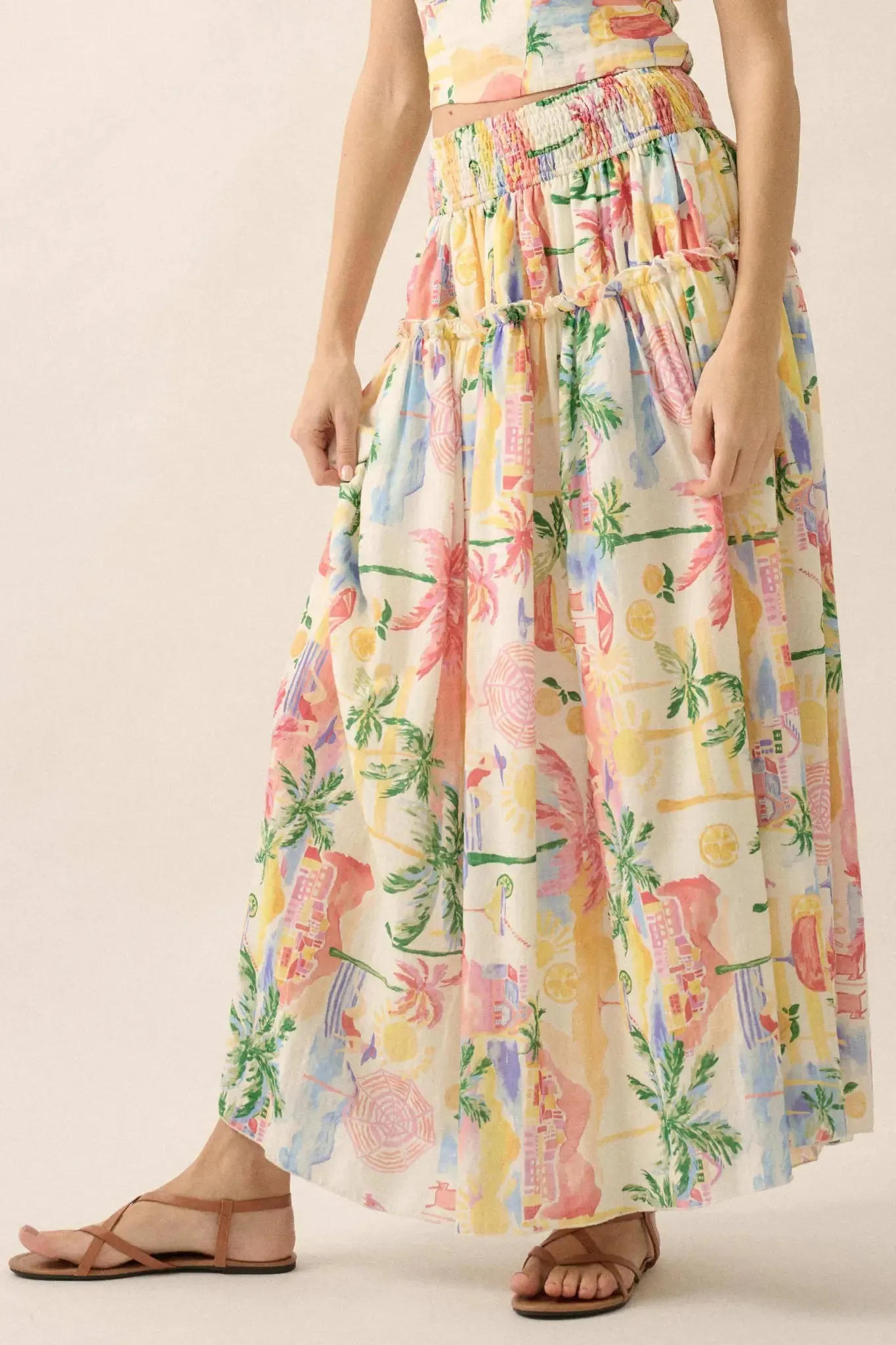 Paradise Found Tropical-Print Smocked Maxi Skirt sold by Promesa product image thumbnail 5