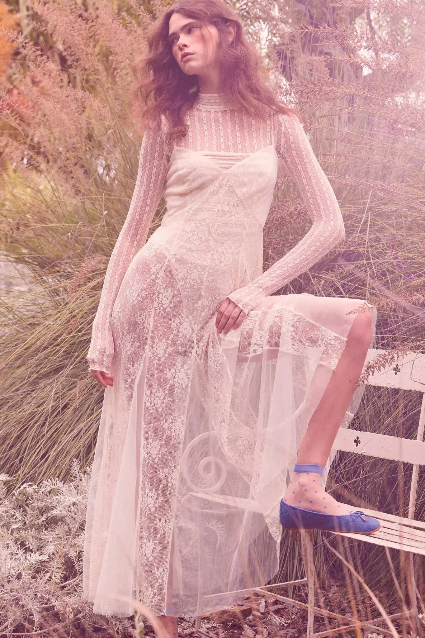 Whisper to Me Sheer Floral Lace Pleated Maxi Dress sold by Promesa product image thumbnail 3