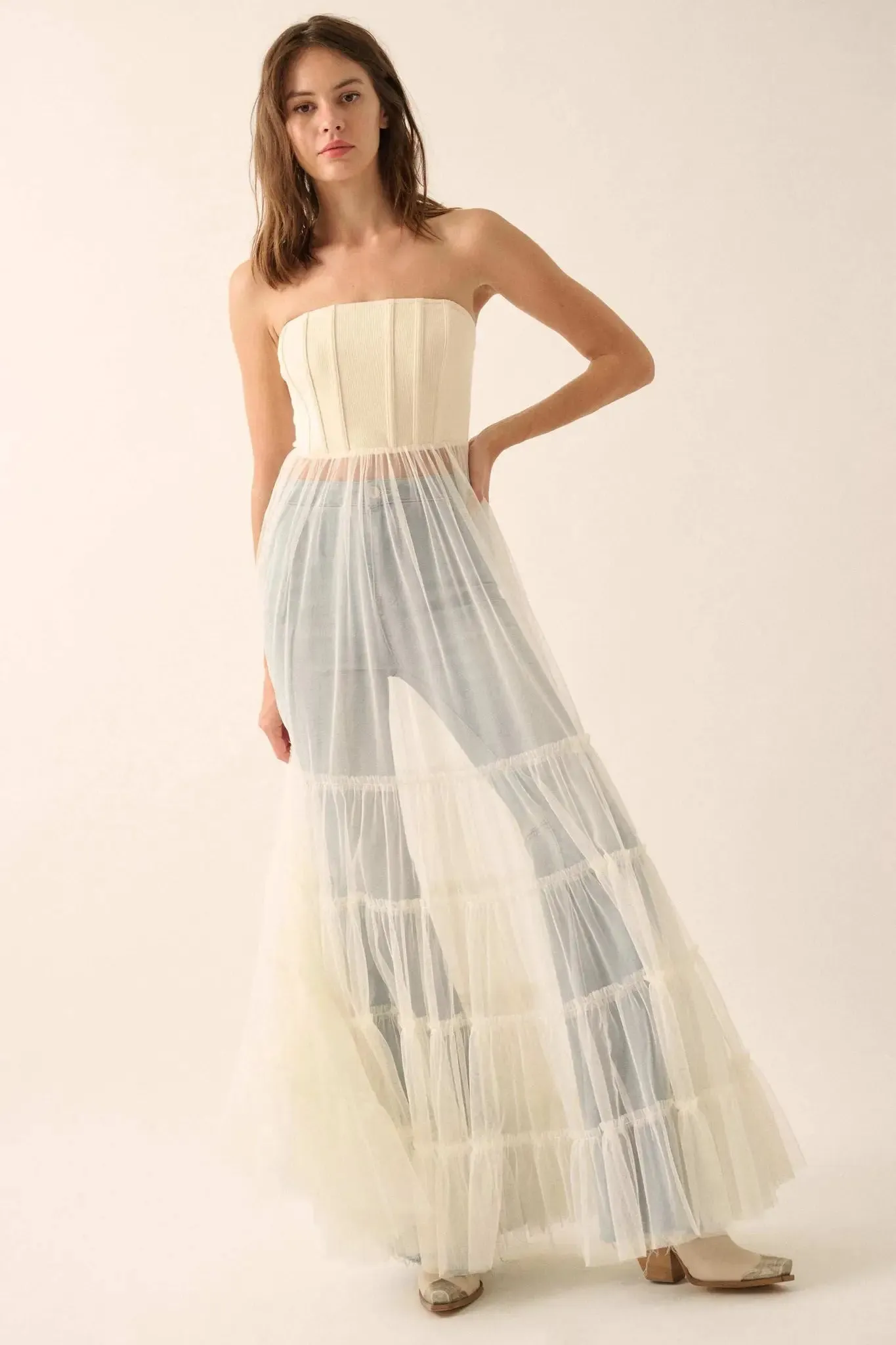 Secret Love Sheer Tiered Tulle Corset Maxi Dress sold by Promesa product image thumbnail 4