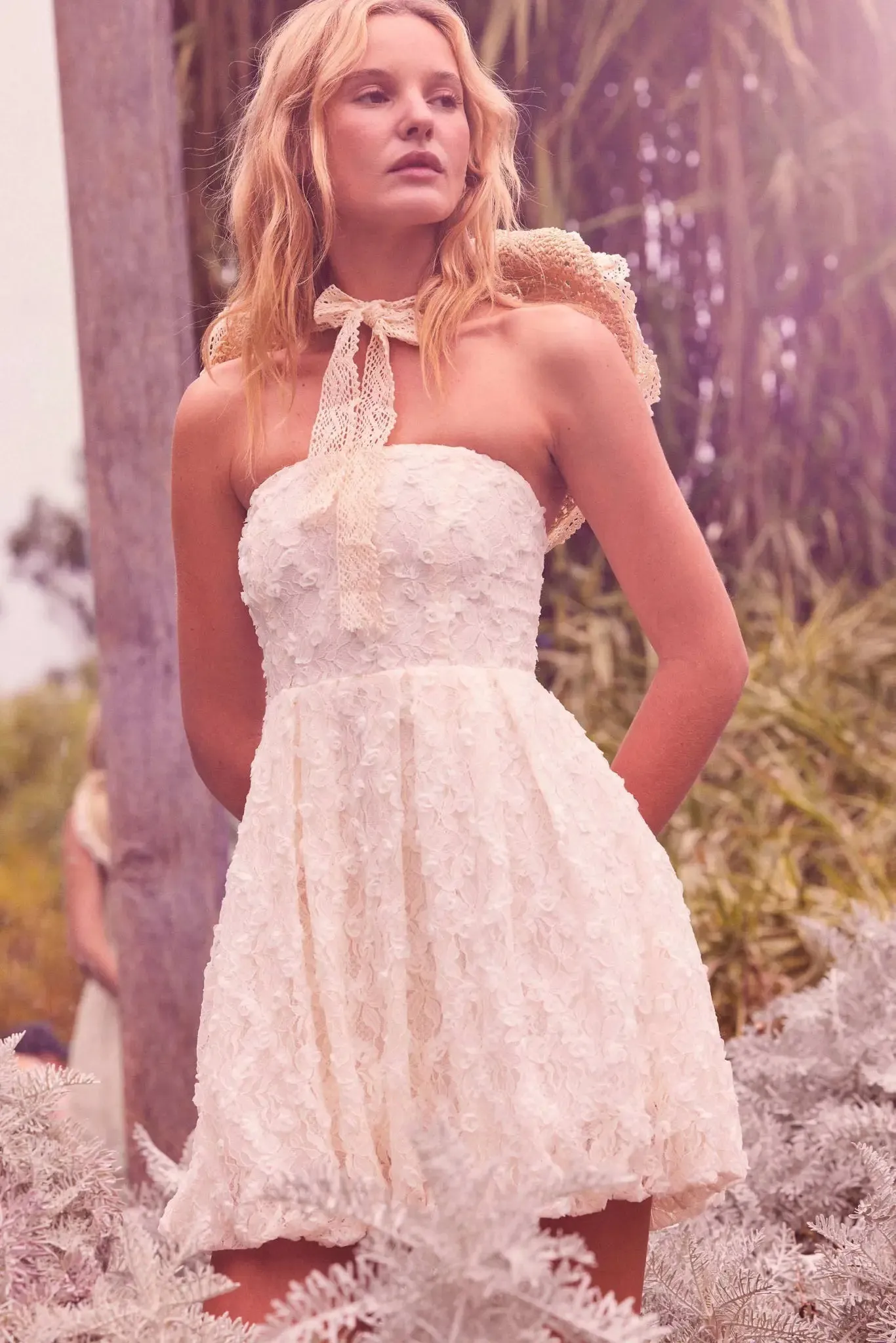 Grace Note Floral Lace Strapless Bubble Mini Dress sold by Promesa