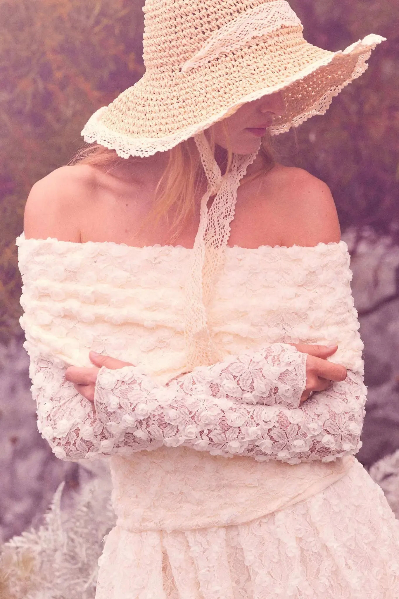 Good Graces Floral Lace Off-Shoulder Thumbhole Top sold by Promesa product image thumbnail 3