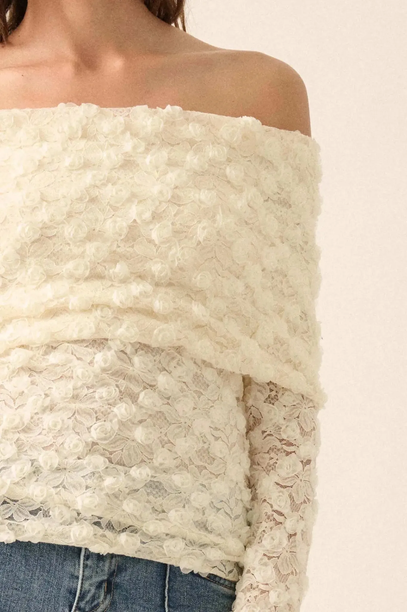 Good Graces Floral Lace Off-Shoulder Thumbhole Top sold by Promesa product image thumbnail 5