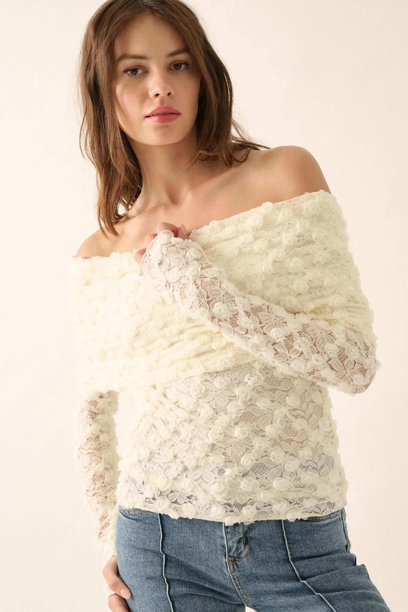 Good Graces Floral Lace Off-Shoulder Thumbhole Top sold by Promesa product image thumbnail 4