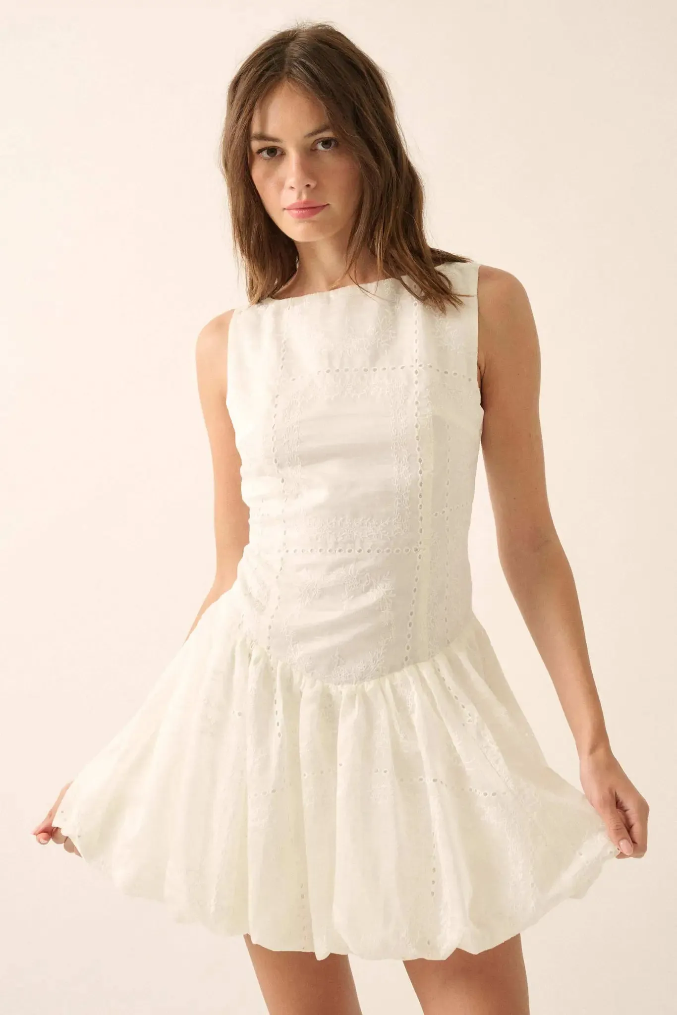 Pure Love Eyelet Lace Boatneck Bubble Mini Dress sold by Promesa product image thumbnail 4