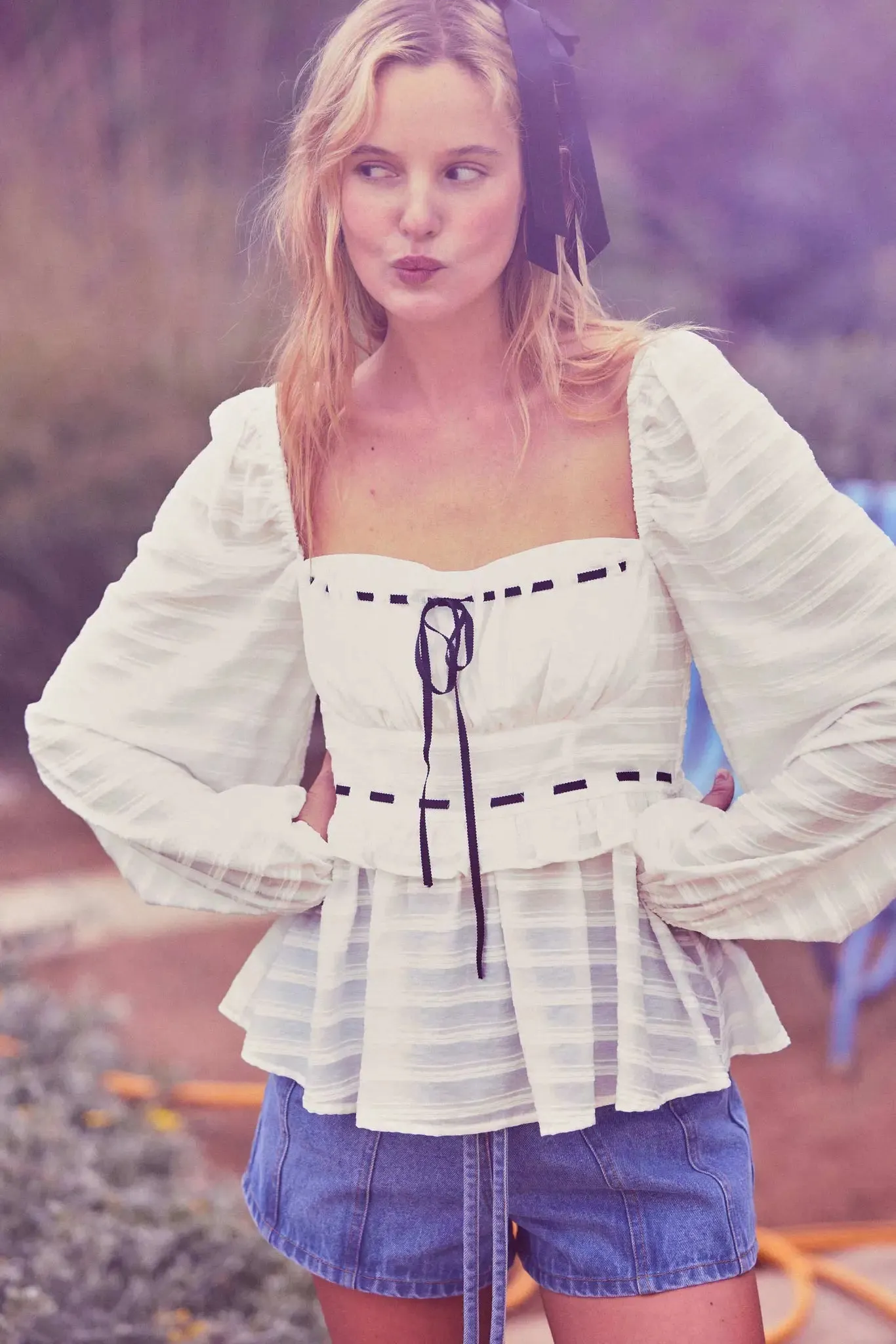 Sweet Infatuation Striped Ribbon-Trim Peasant Top sold by Promesa product image thumbnail 2