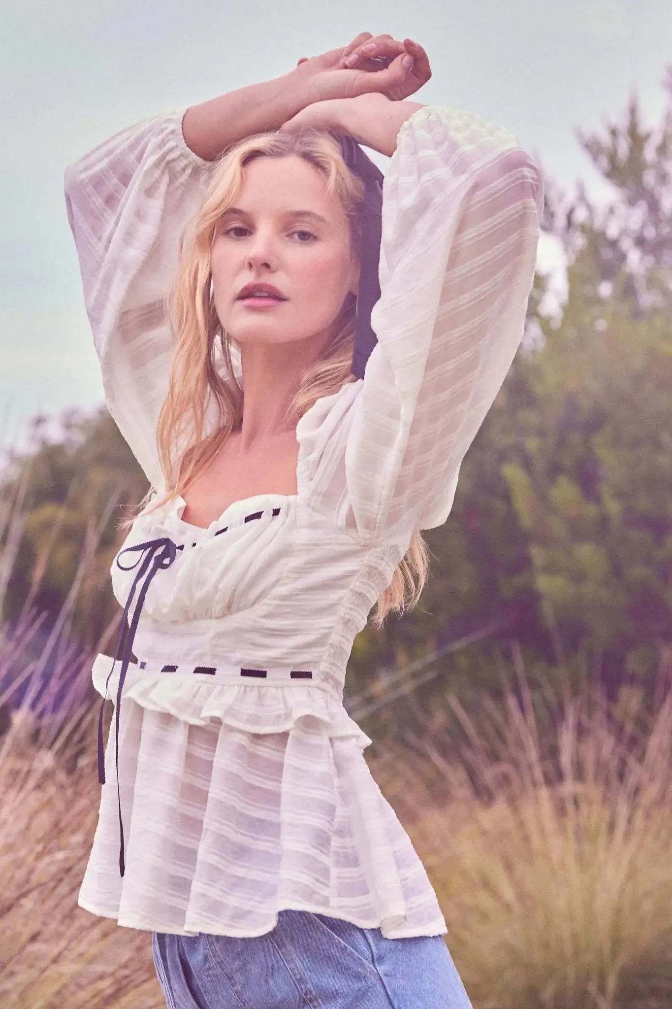 Sweet Infatuation Striped Ribbon-Trim Peasant Top sold by Promesa