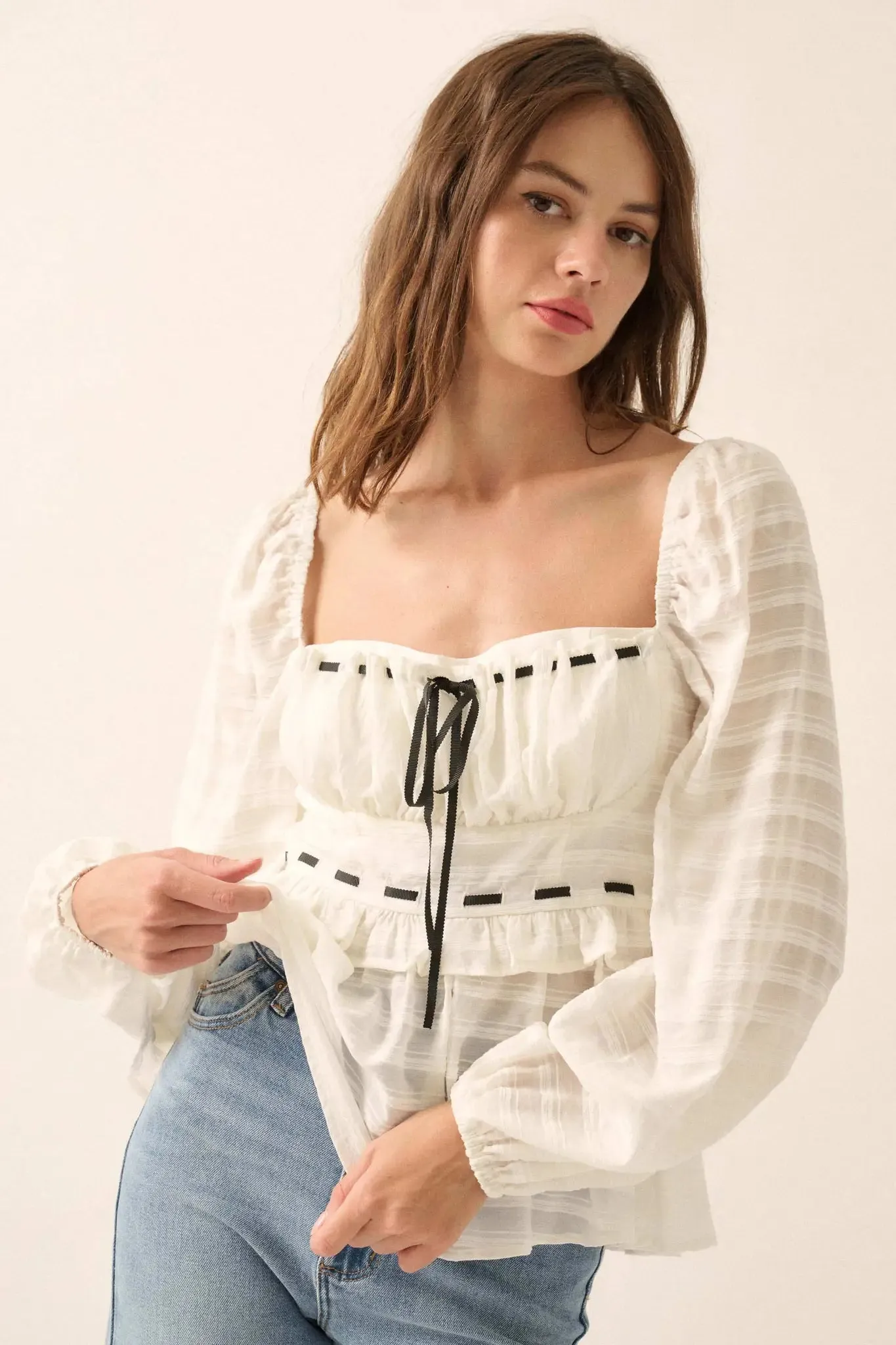 Sweet Infatuation Striped Ribbon-Trim Peasant Top sold by Promesa product image thumbnail 4